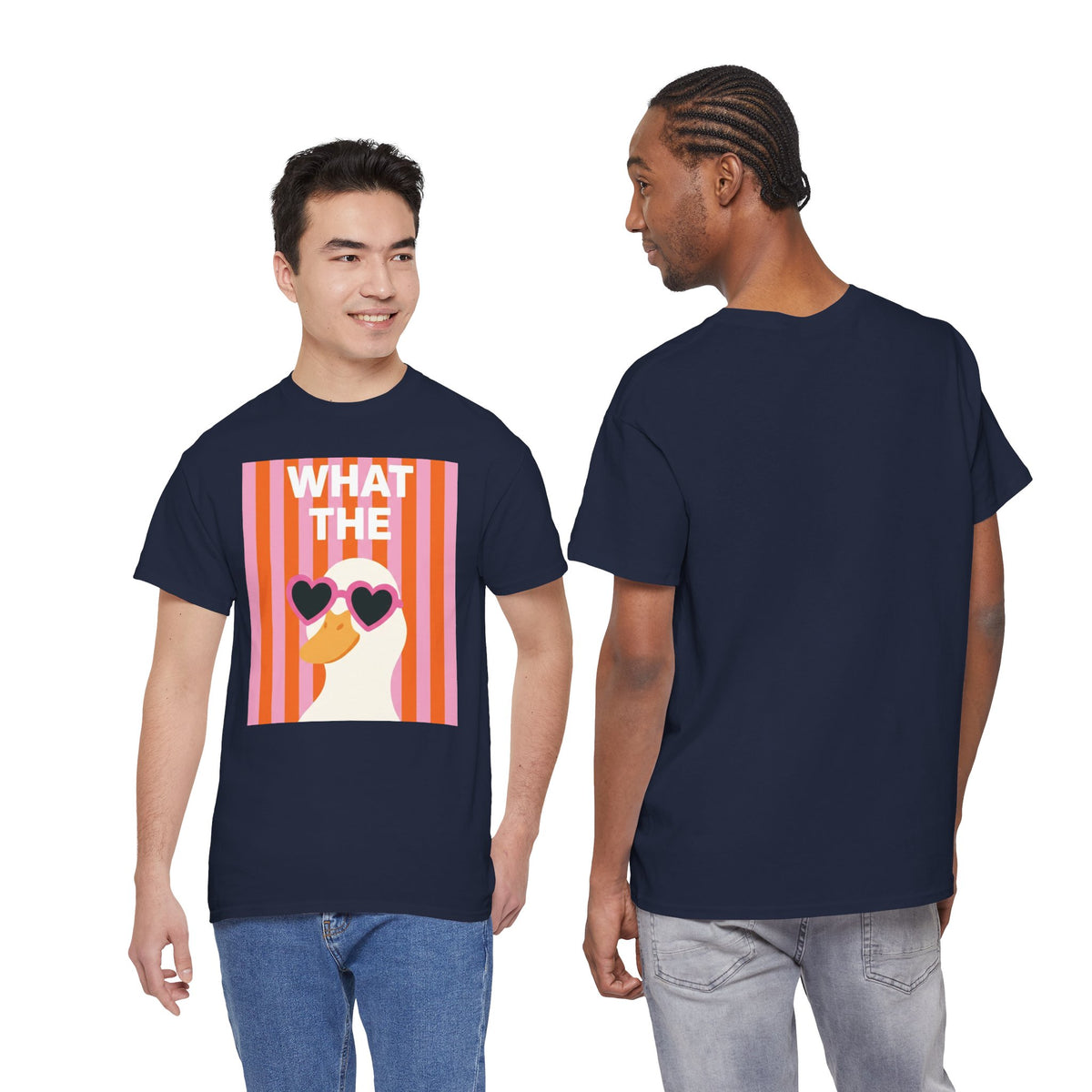 Navy crewneck T-shirt: front has 'WHAT THE' duck graphic; back is plain