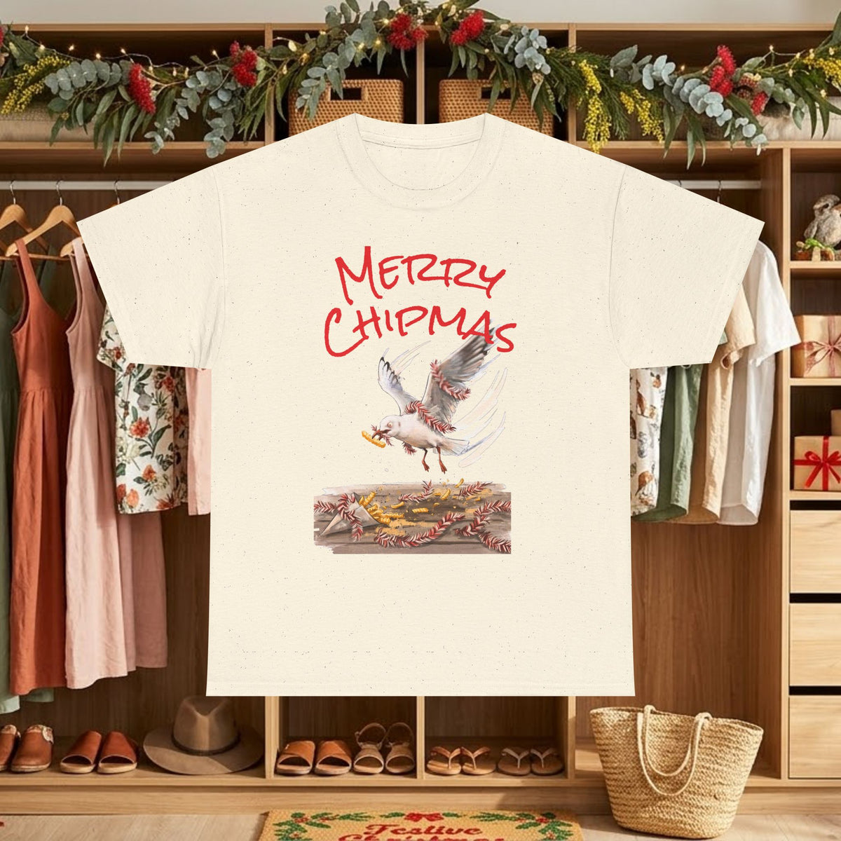 Natural Christmas graphic T-shirt with "Merry Chipmas" seagull illustration