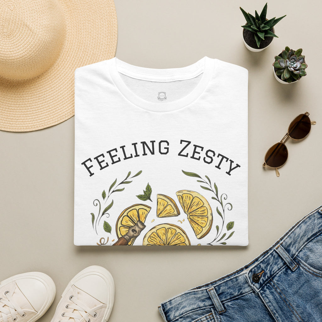 White crewneck tee with lemon slice graphic and leafy "Feeling Zesty" text