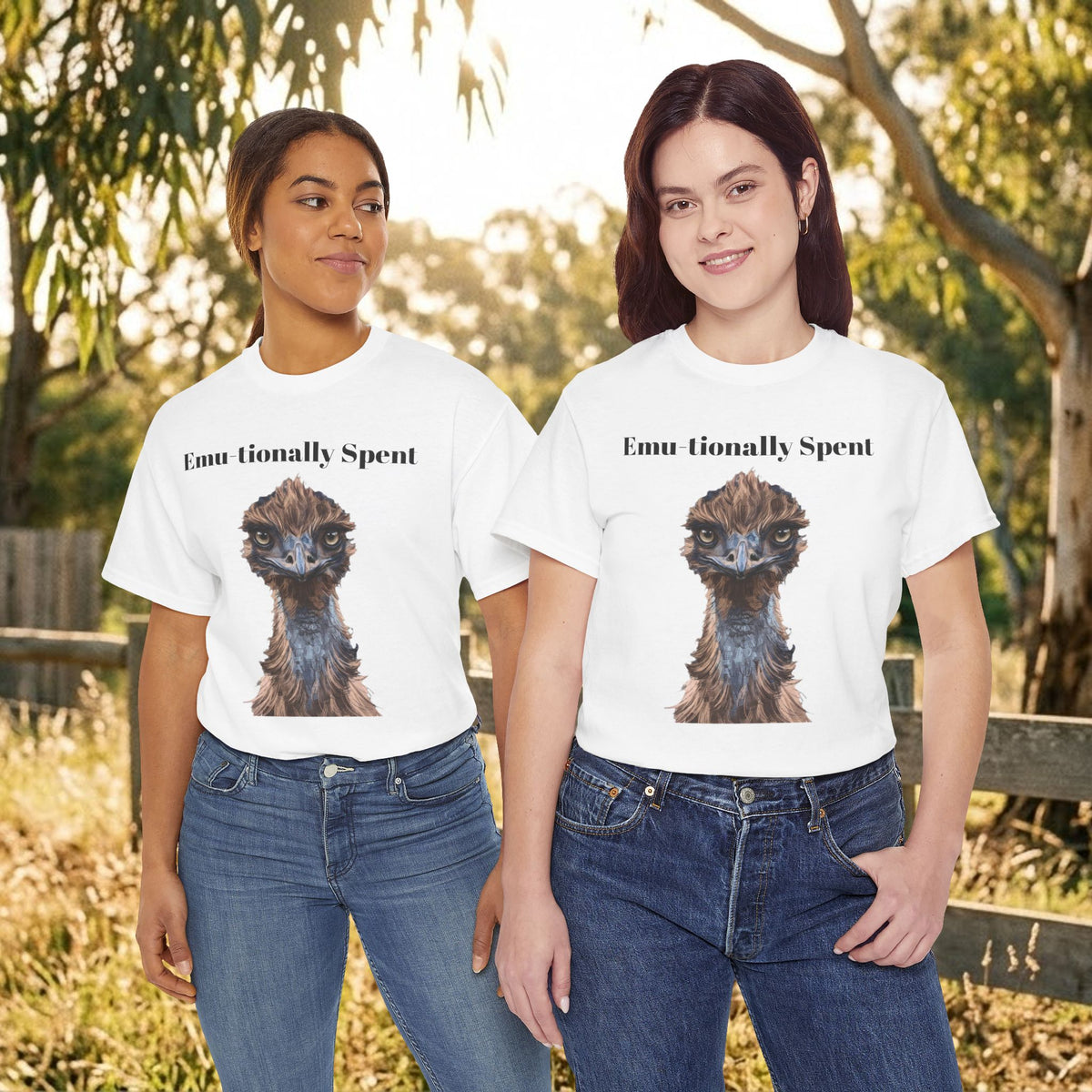 White crew-neck T-shirt with “Emu-tionally Spent” emu graphic, worn by two women