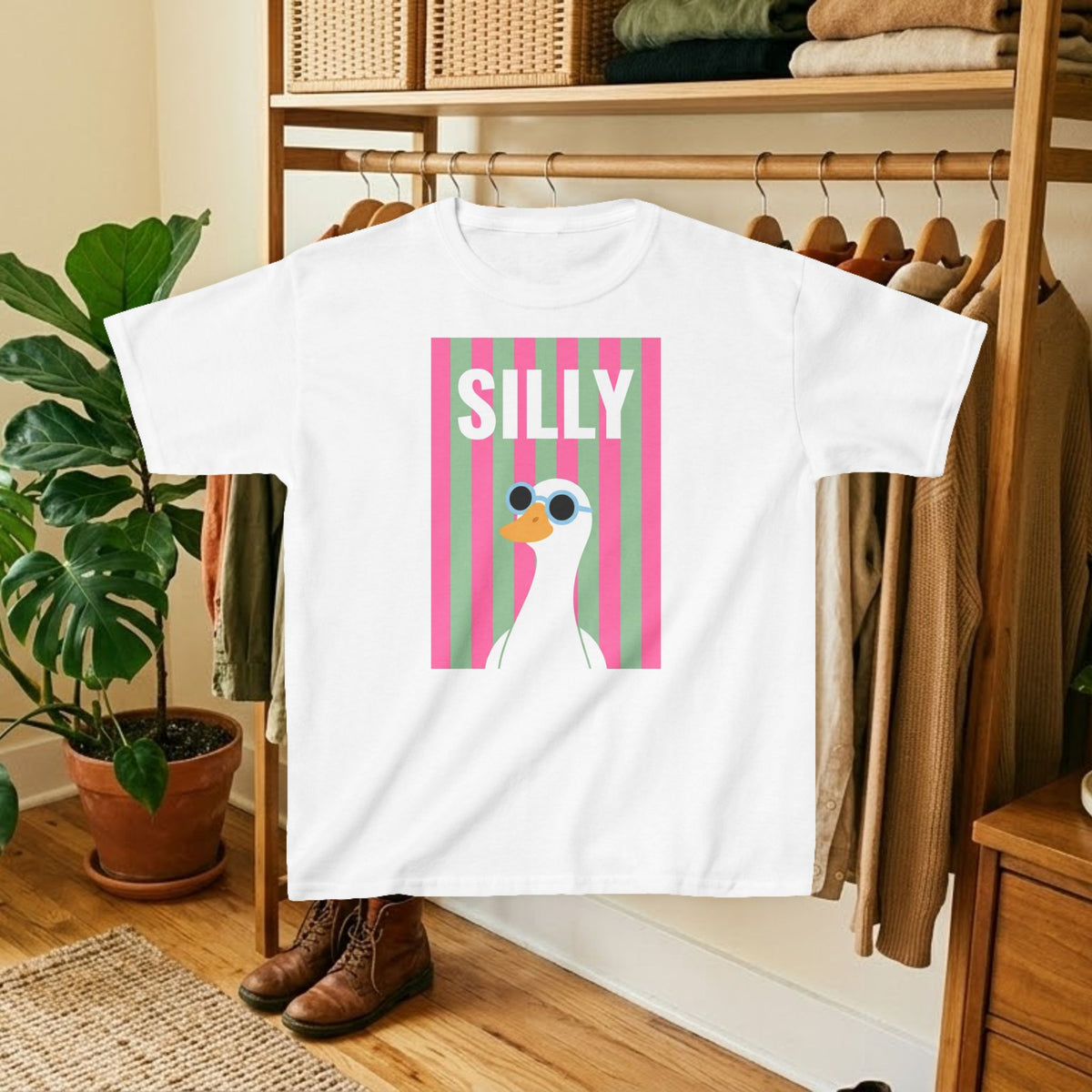 White kids T-shirt with pink striped “SILLY” duck graphic print on the front