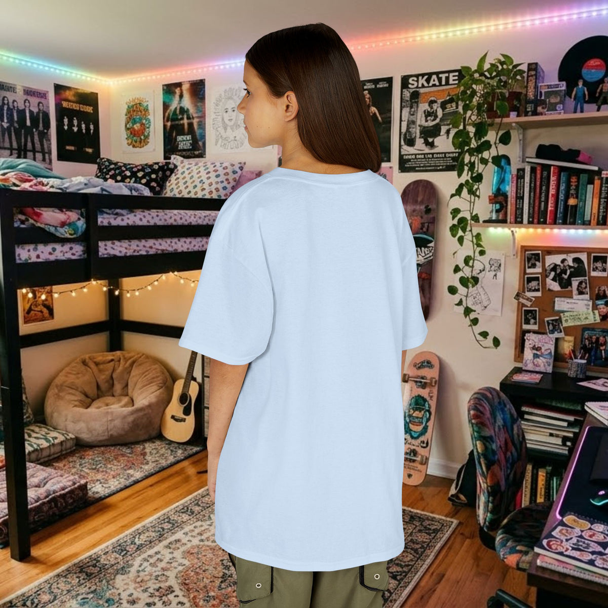 Kids light blue crew-neck t-shirt with short sleeves, back view
