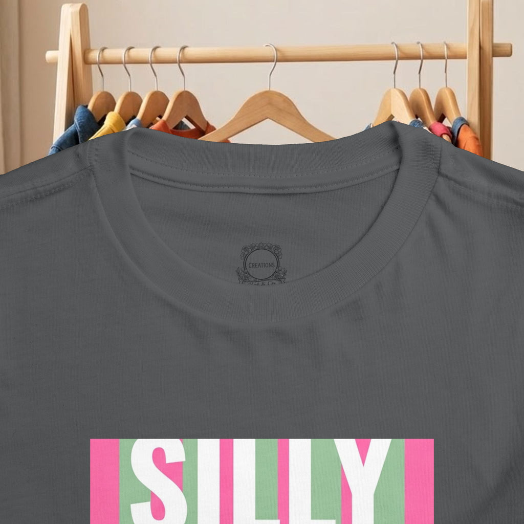 Toddler dark gray tee close-up of logo patch and “SILLY” graphic front print