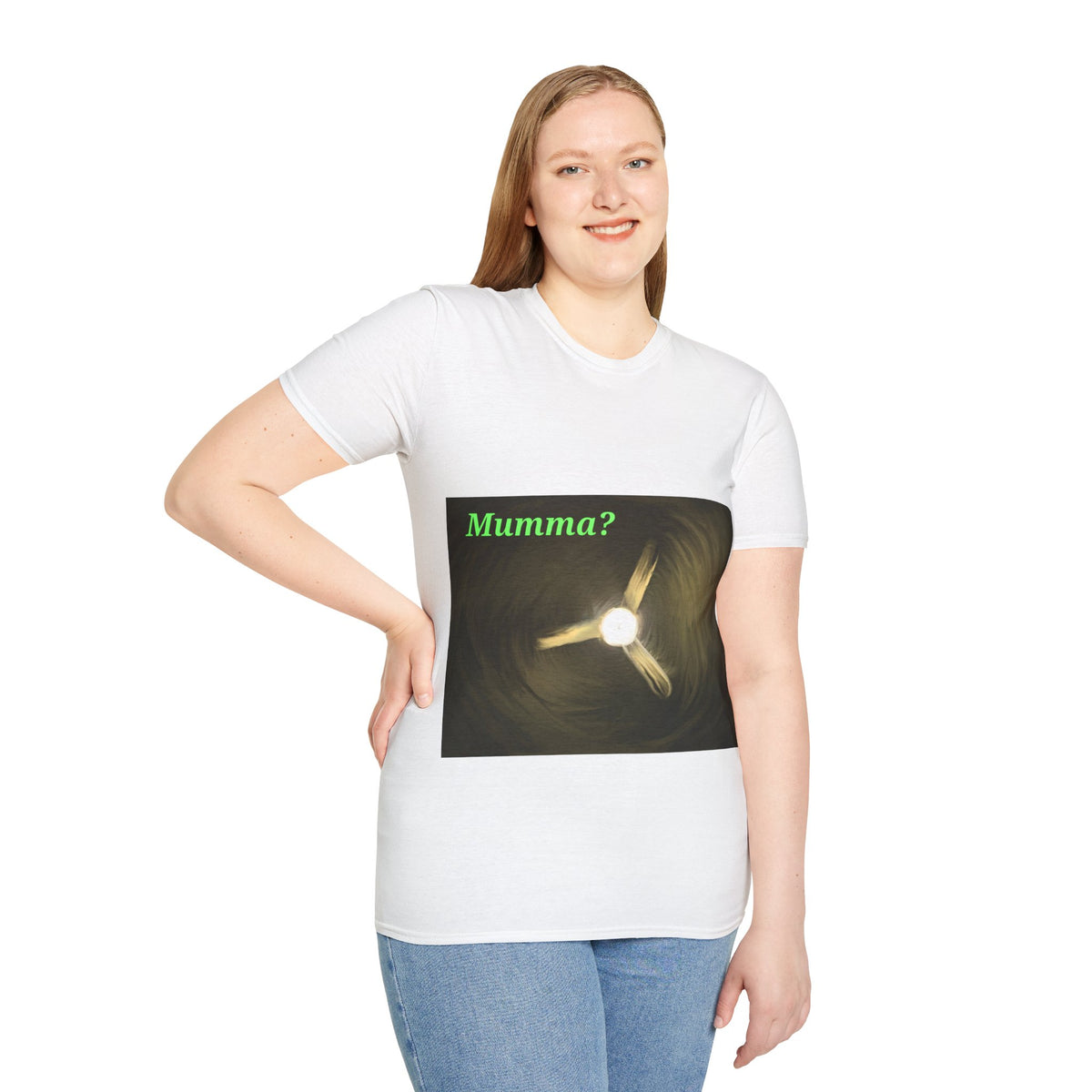 White crew-neck T-shirt with spooky ceiling fan artwork and green 'Mumma?' print