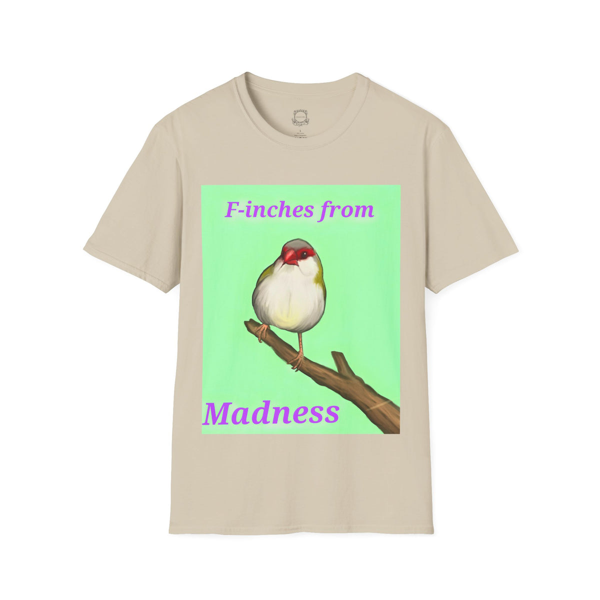 Beige T-shirt with red-and-white bird graphic and pink “Madness” text