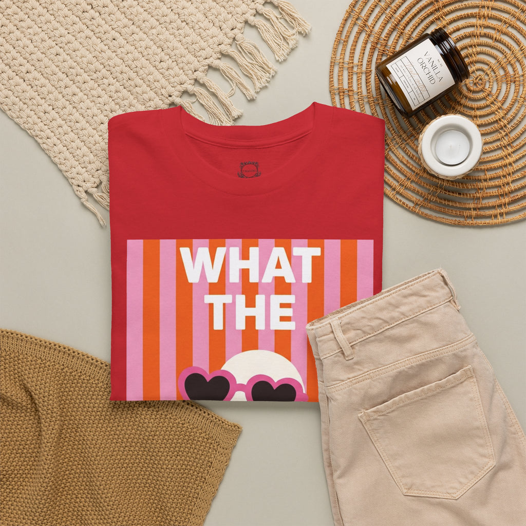 Red unisex crewneck T-shirt front print with “WHAT THE” heart sunglasses graphic