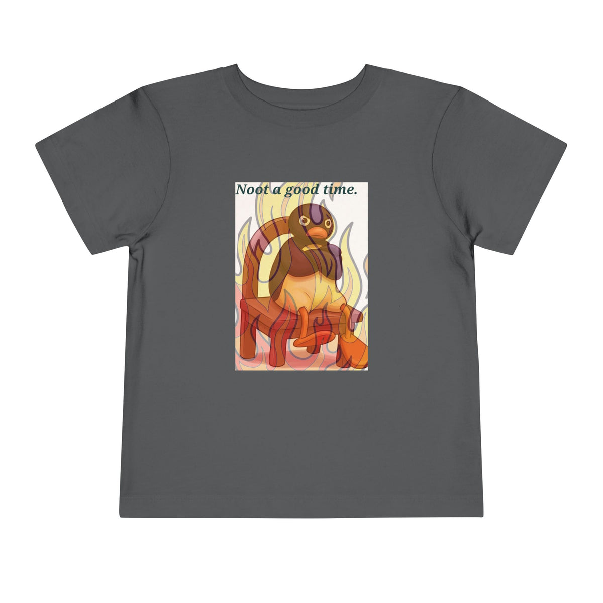 Dark gray toddler graphic tee with flaming cat and "Need a good time." text