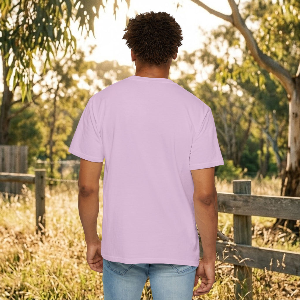Lavender short-sleeve T-shirt, crew neck, back view.