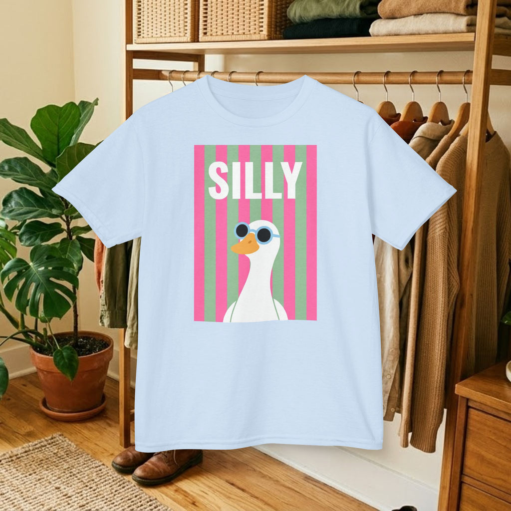 Kids light blue t-shirt with colorful “SILLY” duck graphic on the front