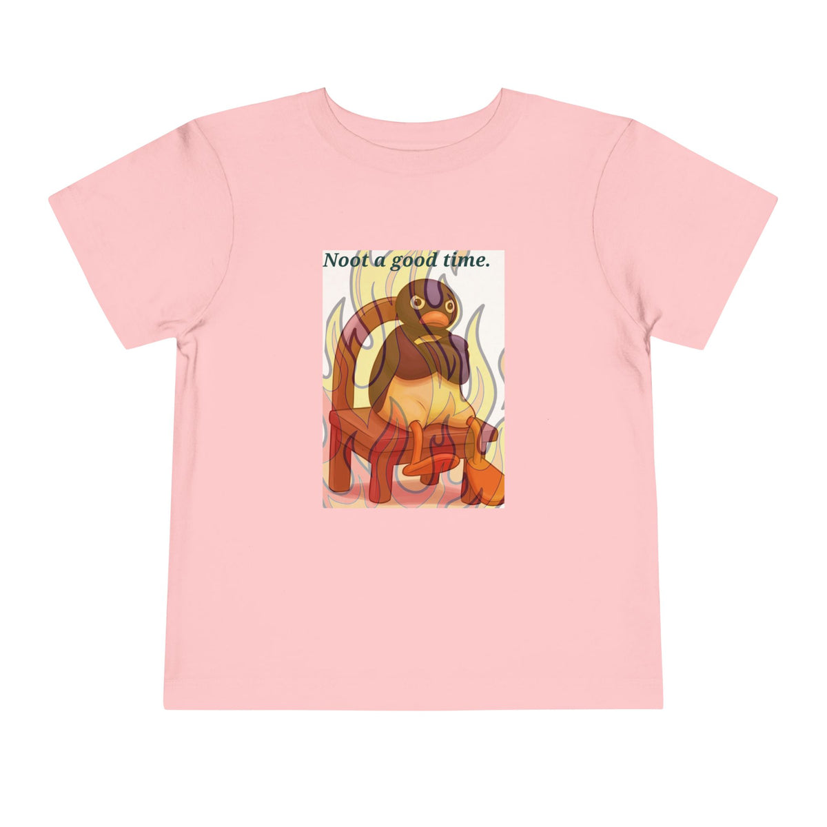 Pink toddler T-shirt with cat-in-flames graphic and “Need a good time” text