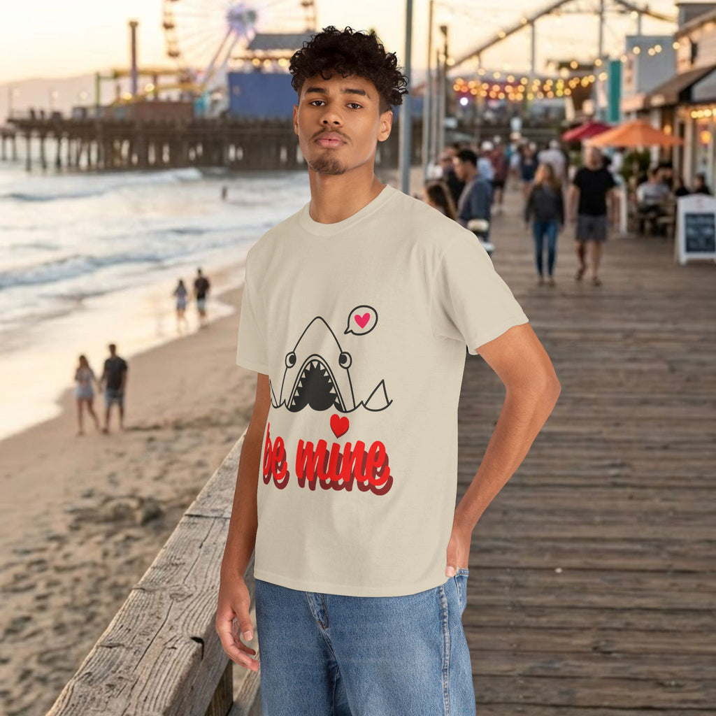 Natural T-shirt featuring shark illustration with hearts and red “be mine” print