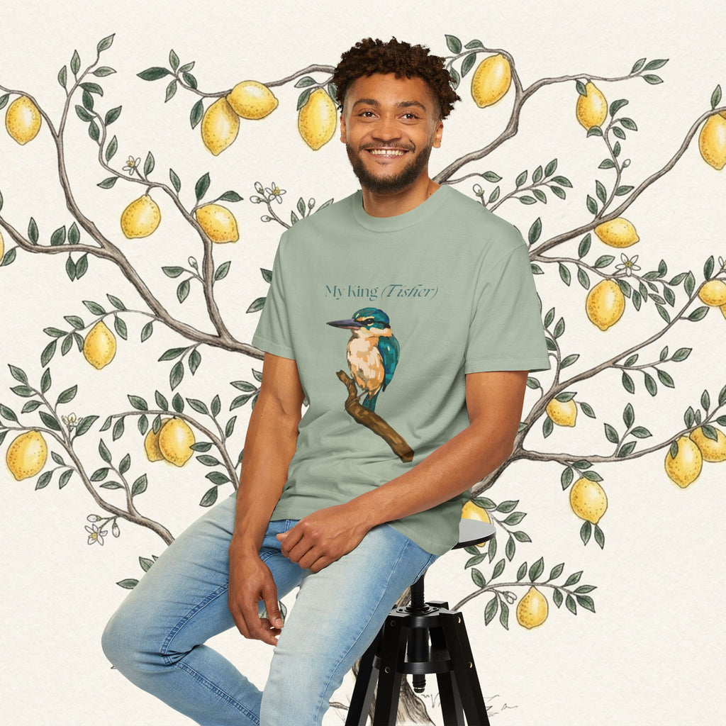 Seafoam green kingfisher graphic T-shirt front view, crew neck short sleeves