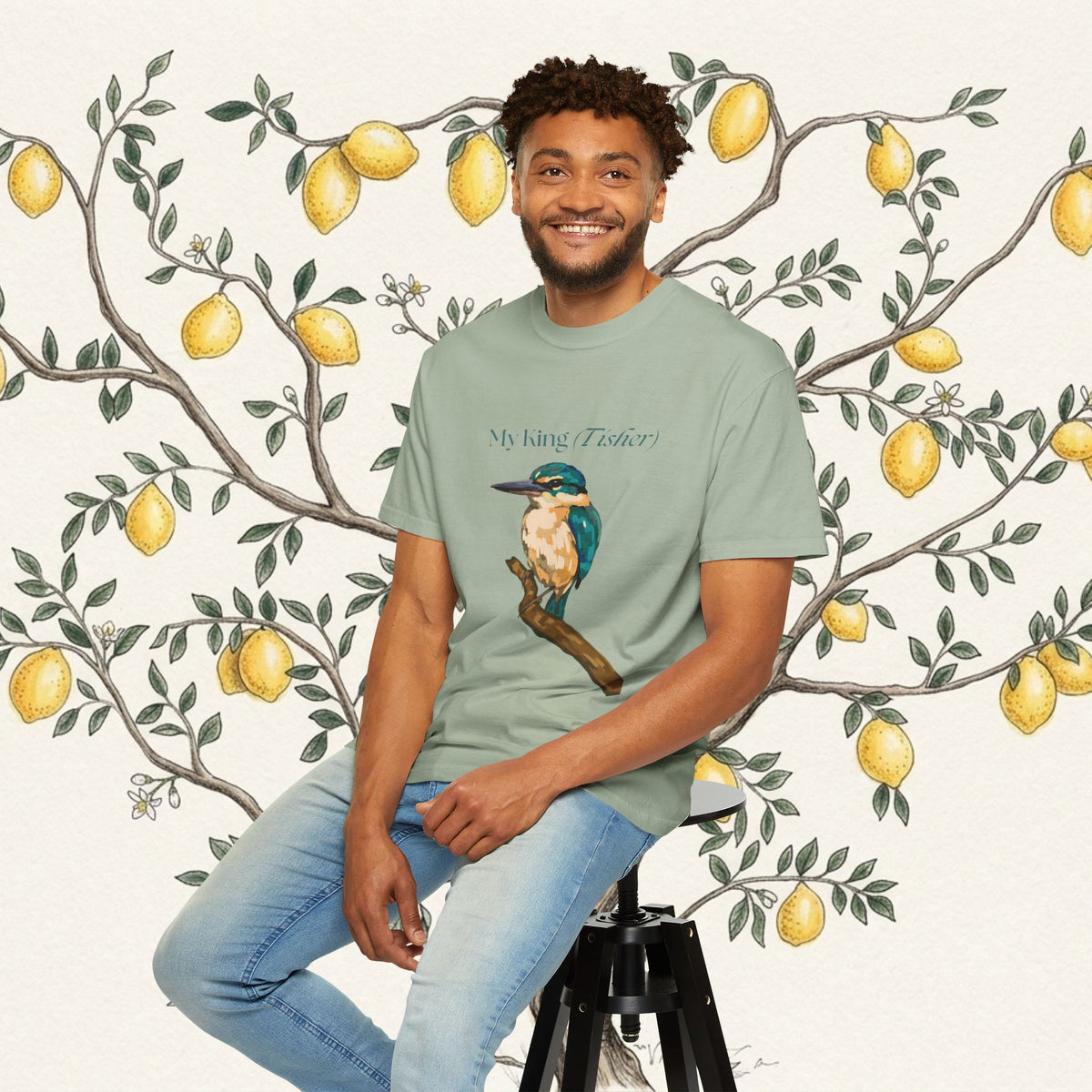 Seafoam green kingfisher graphic T-shirt front view, crew neck short sleeves