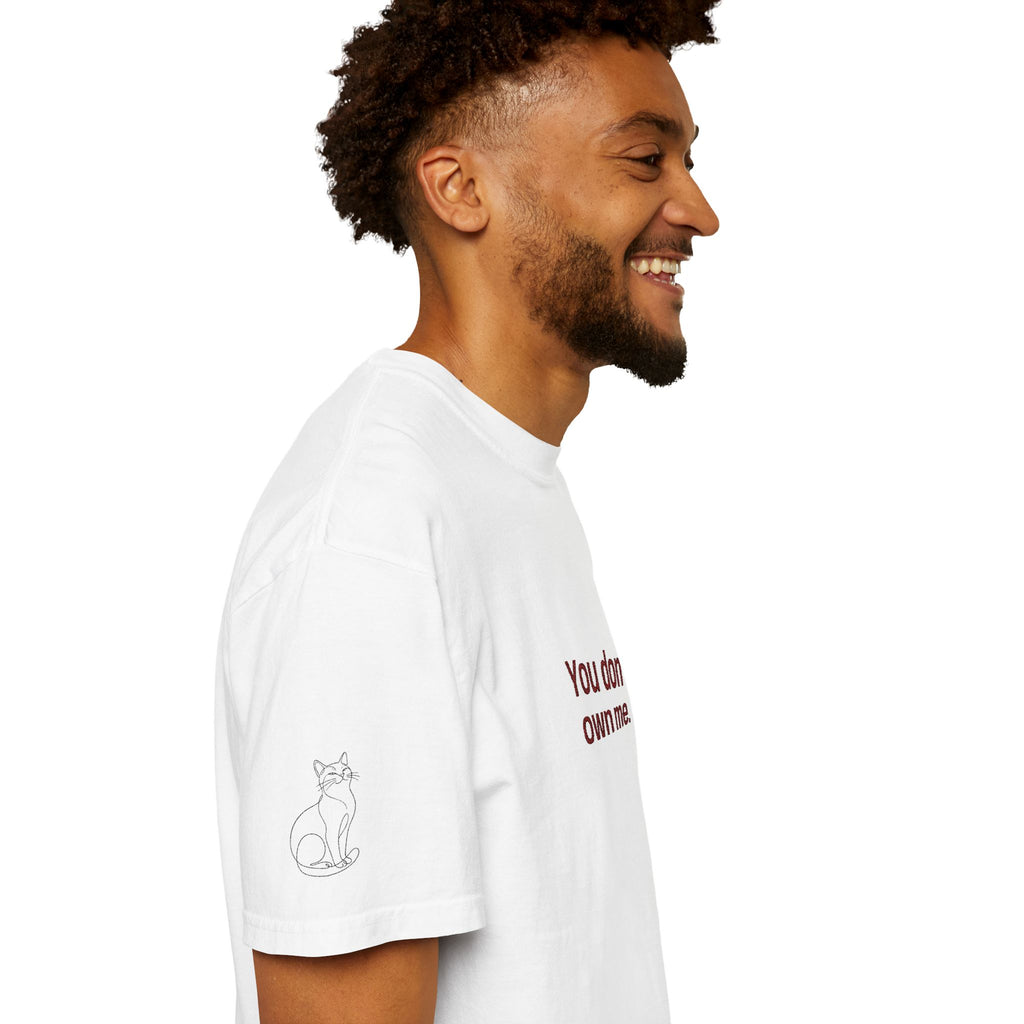 White T-shirt with small cat line art and red partial 'own me' text