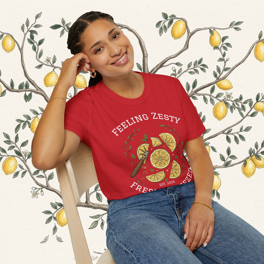 Red graphic T-shirt with lemon slice and 'Feeling Zesty' print