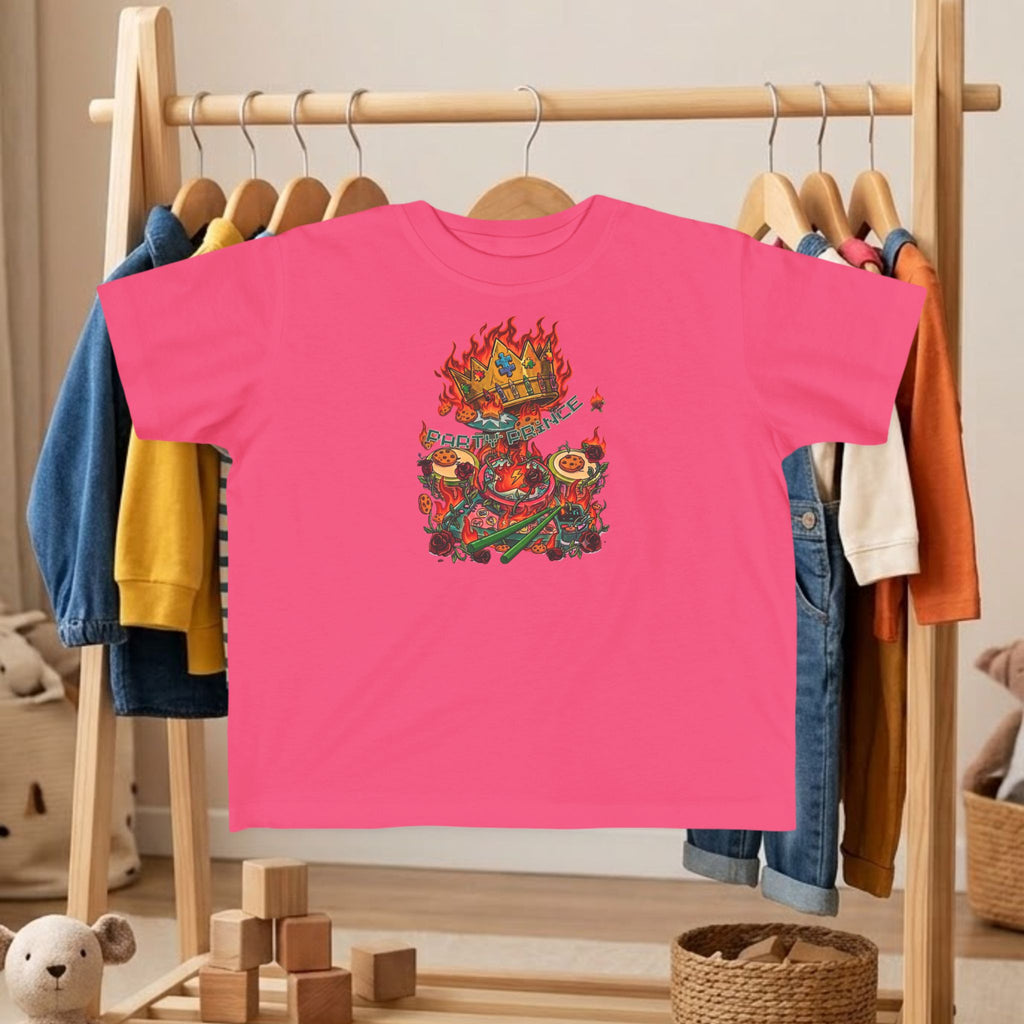 Hot pink toddler dinosaur graphic tee with colorful flaming crown dino artwork