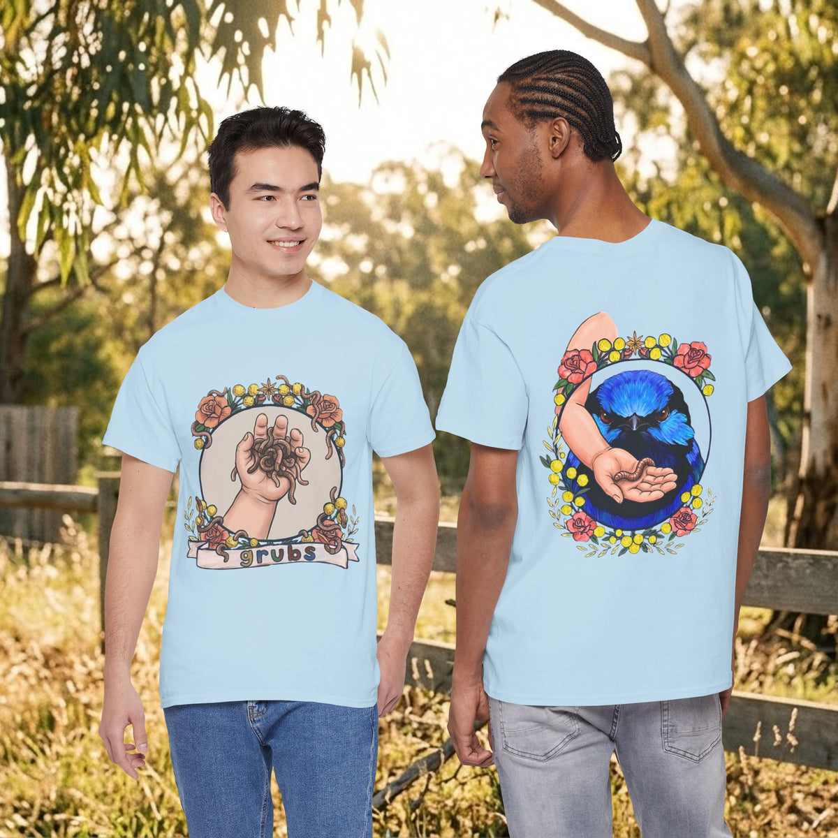 Light blue T-shirt with circular tarot hands illustration on front and moon cat on back