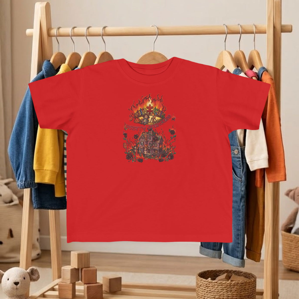 Red toddler T-shirt with central fiery medieval ruin graphic illustration