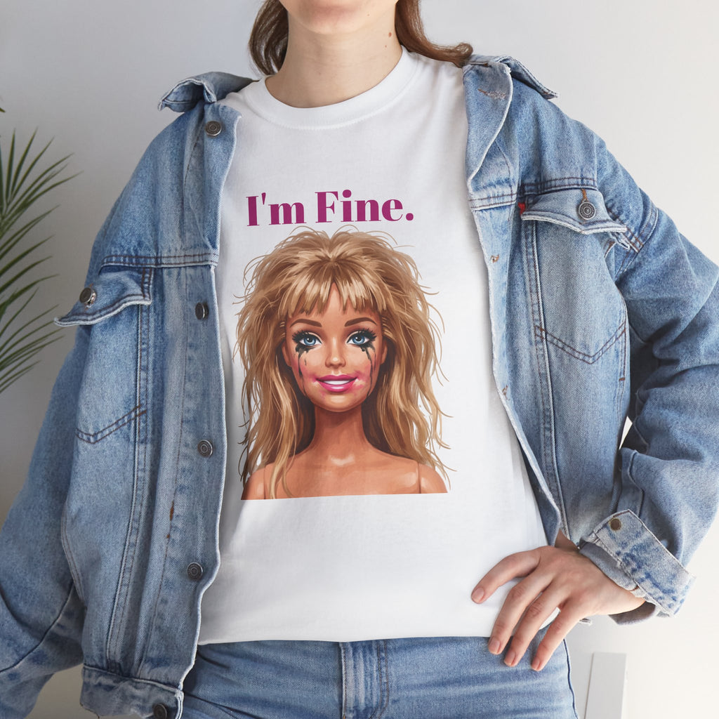 White crewneck T-shirt with doll face graphic and “I’m Fine.” text, under denim jacket