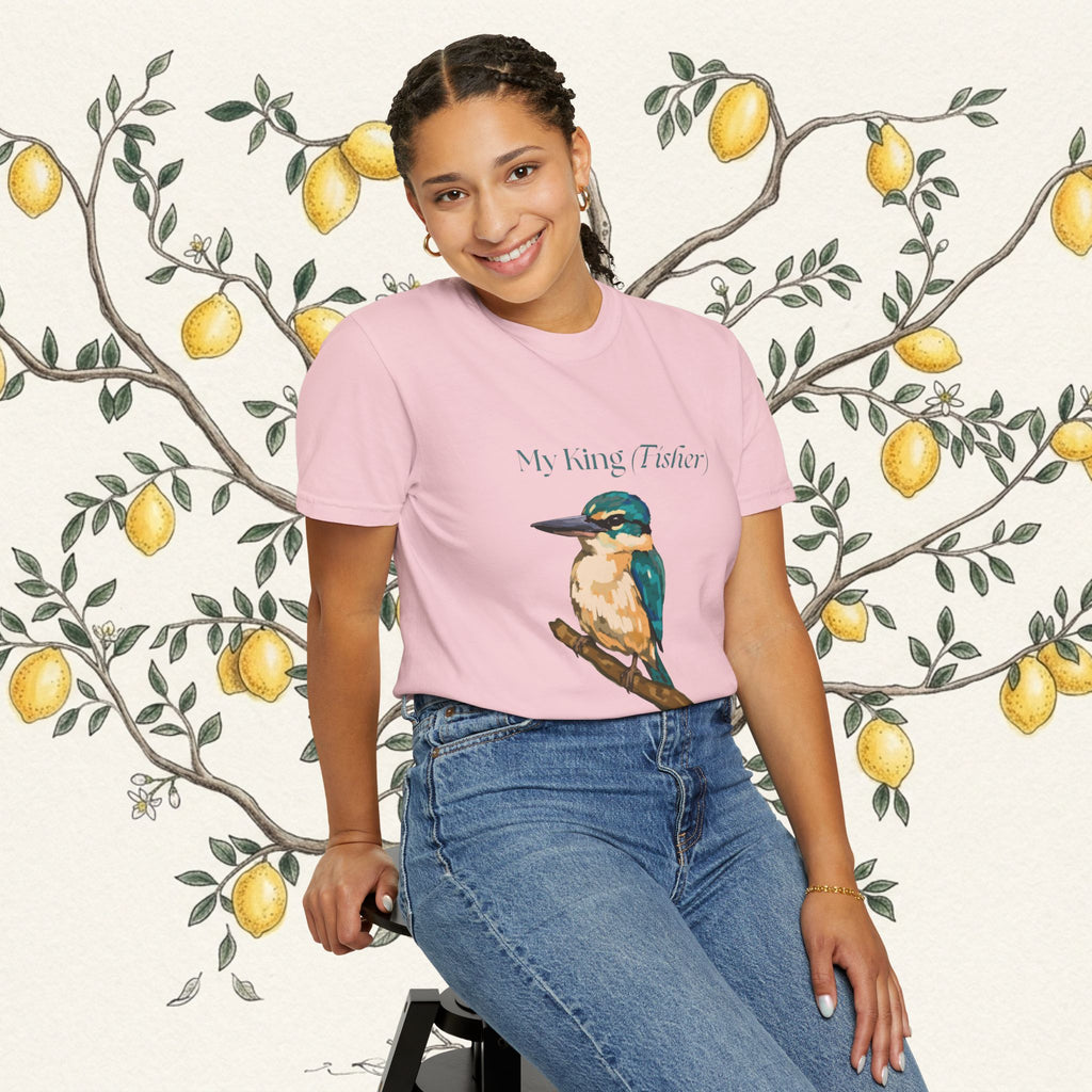 Light pink crewneck T-shirt with kingfisher bird graphic and logo text, front view