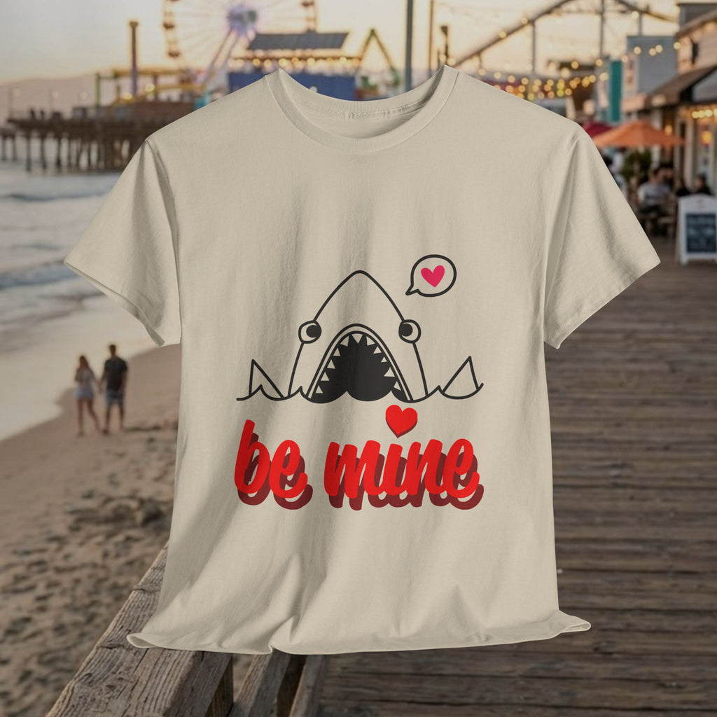 Sand-colored crewneck graphic T-shirt with shark illustration and red “be mine” text