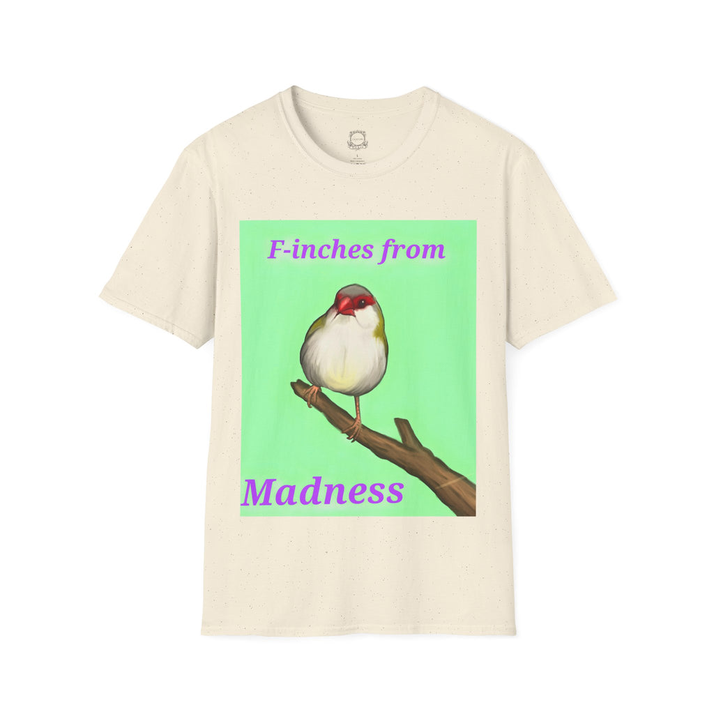 Cream T-shirt with red-and-white bird graphic and pink “Madness” text