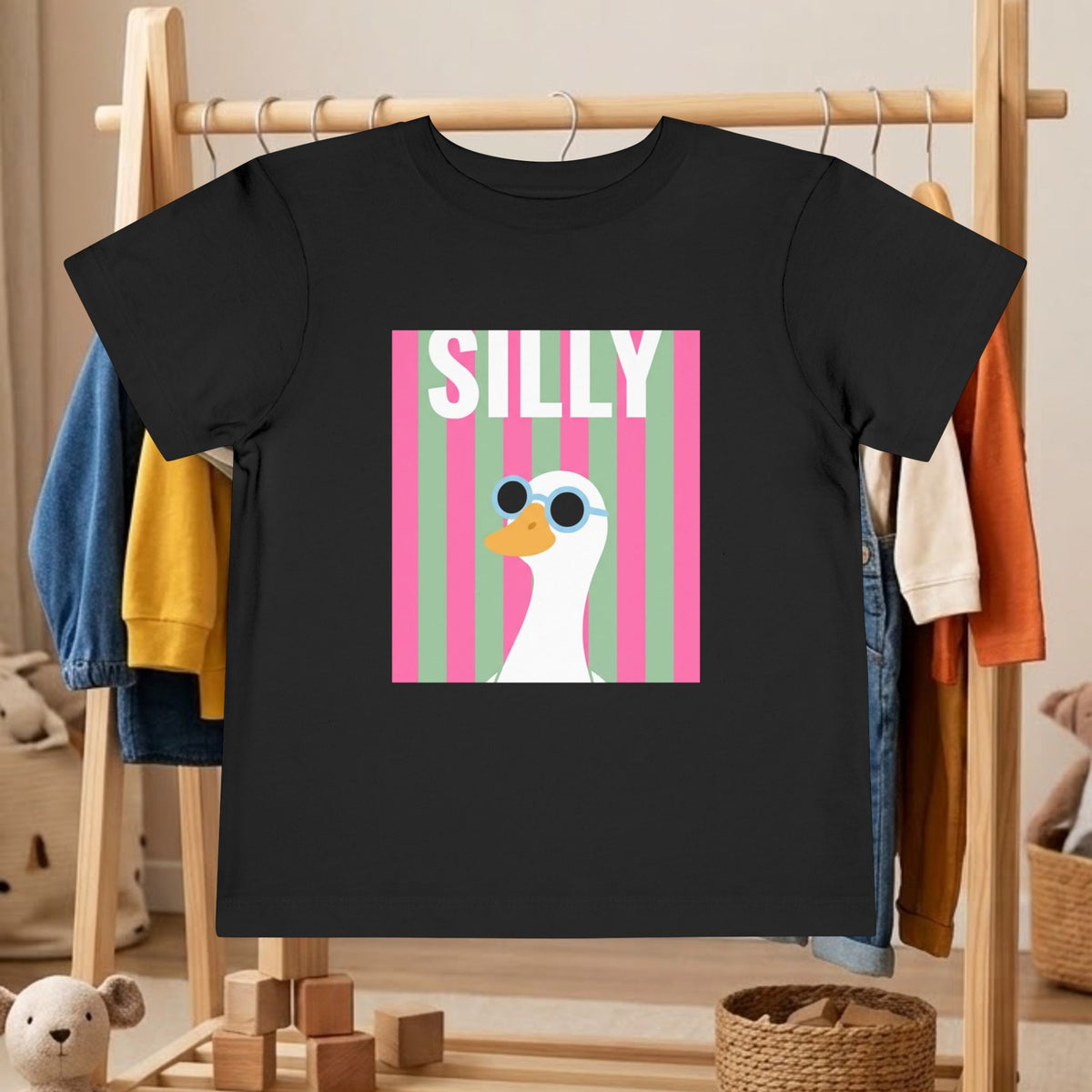 Black toddler graphic tee with pink 'SILLY' duck sunglasses square front print