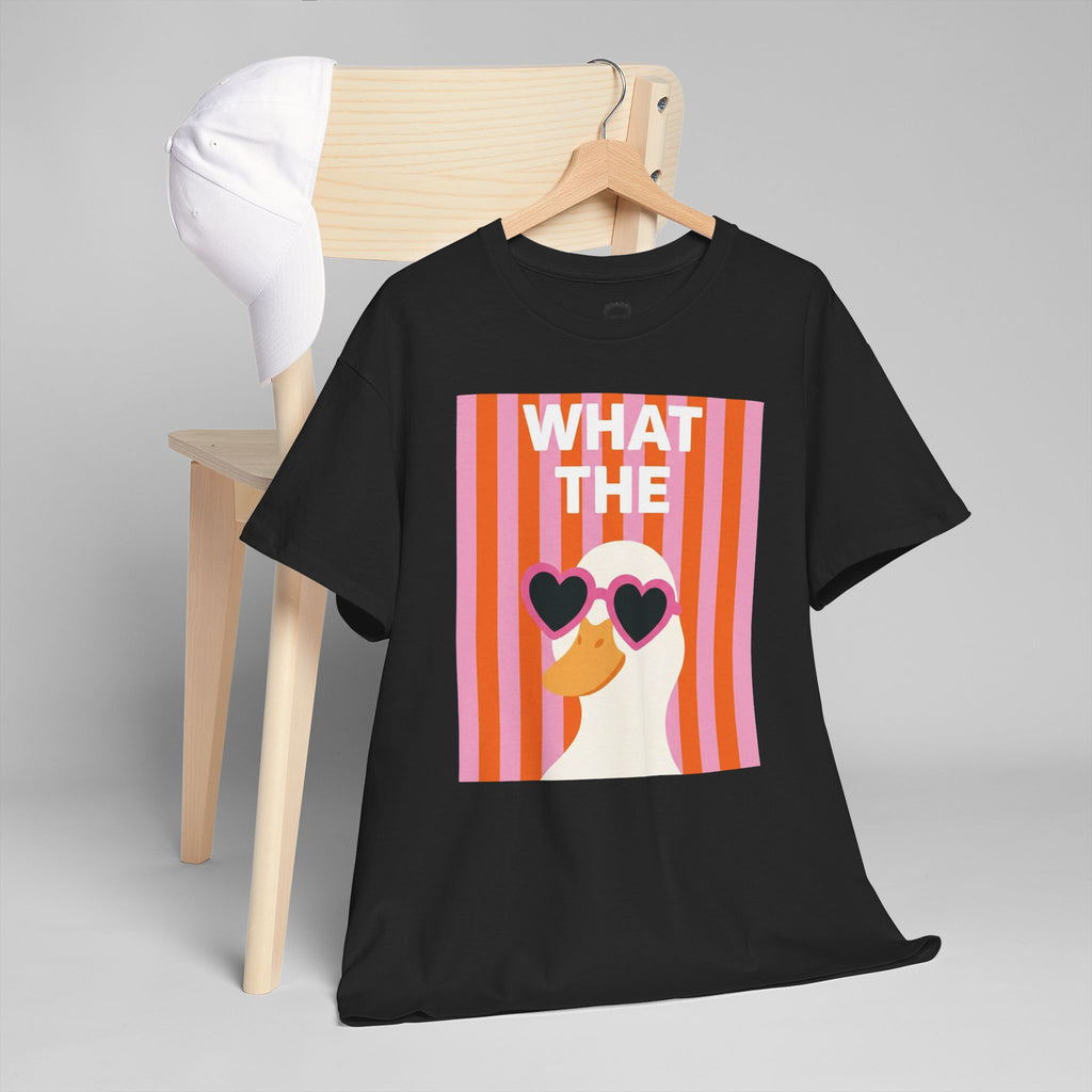Black crewneck graphic tee with centered retro heart sunglasses striped face print