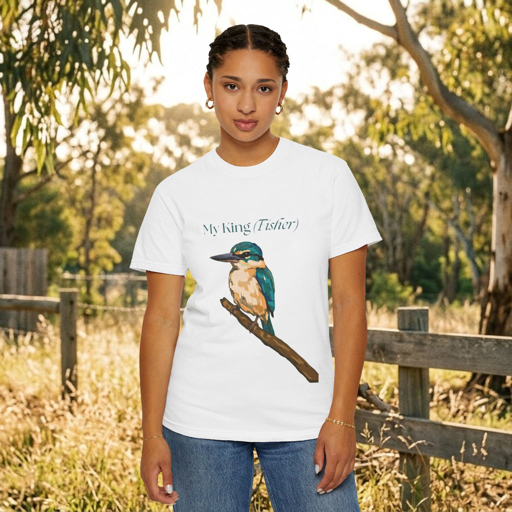 Kingfisher bird pun tee, relaxed fit, sizes S to 3XL