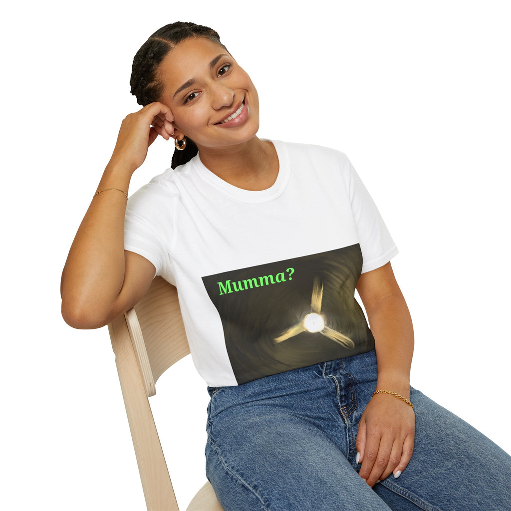 White crew-neck T-shirt with ceiling fan graphic and green 'Mumma?' print, worn