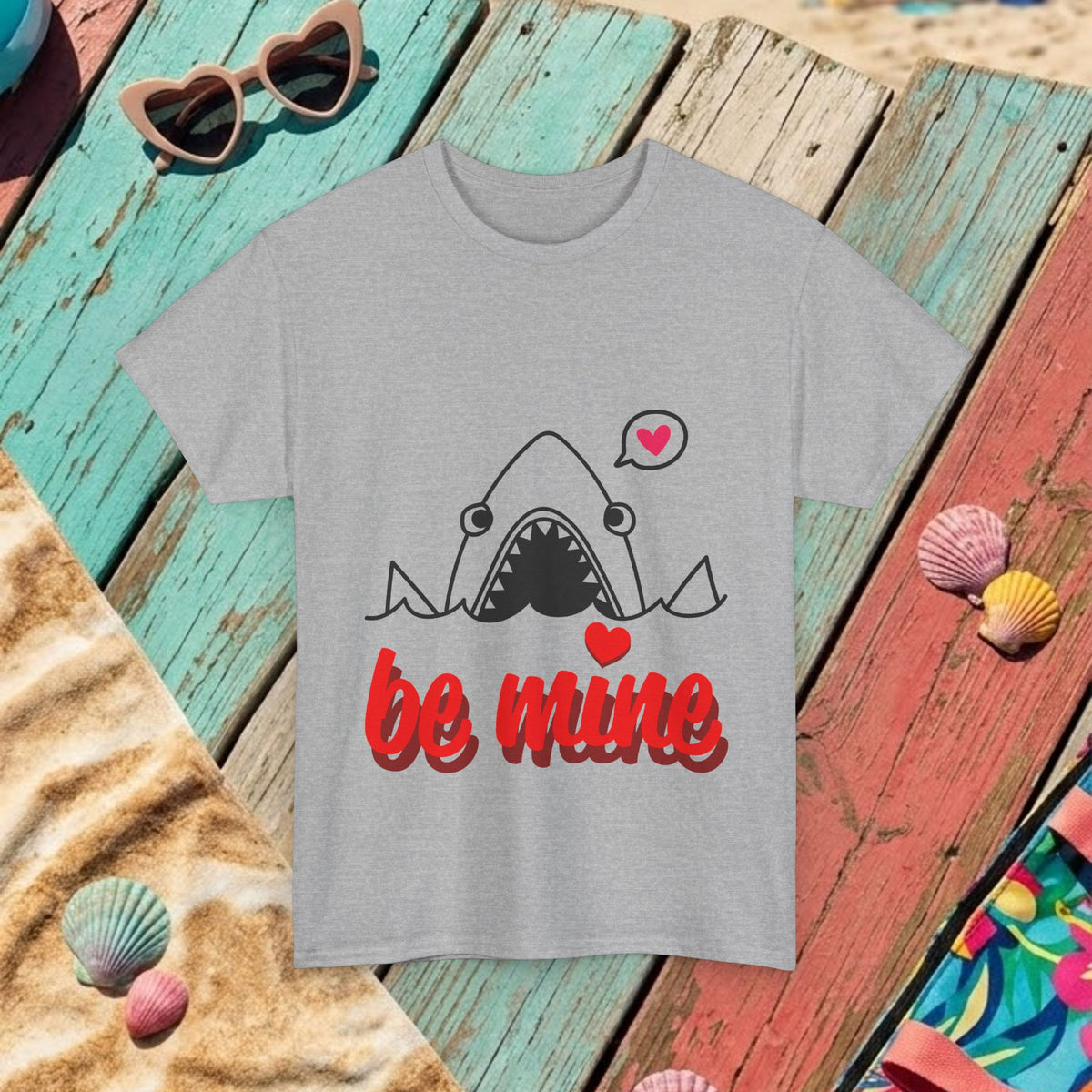 Heather gray t-shirt with shark illustration and red "be mine" lettering plus hearts.