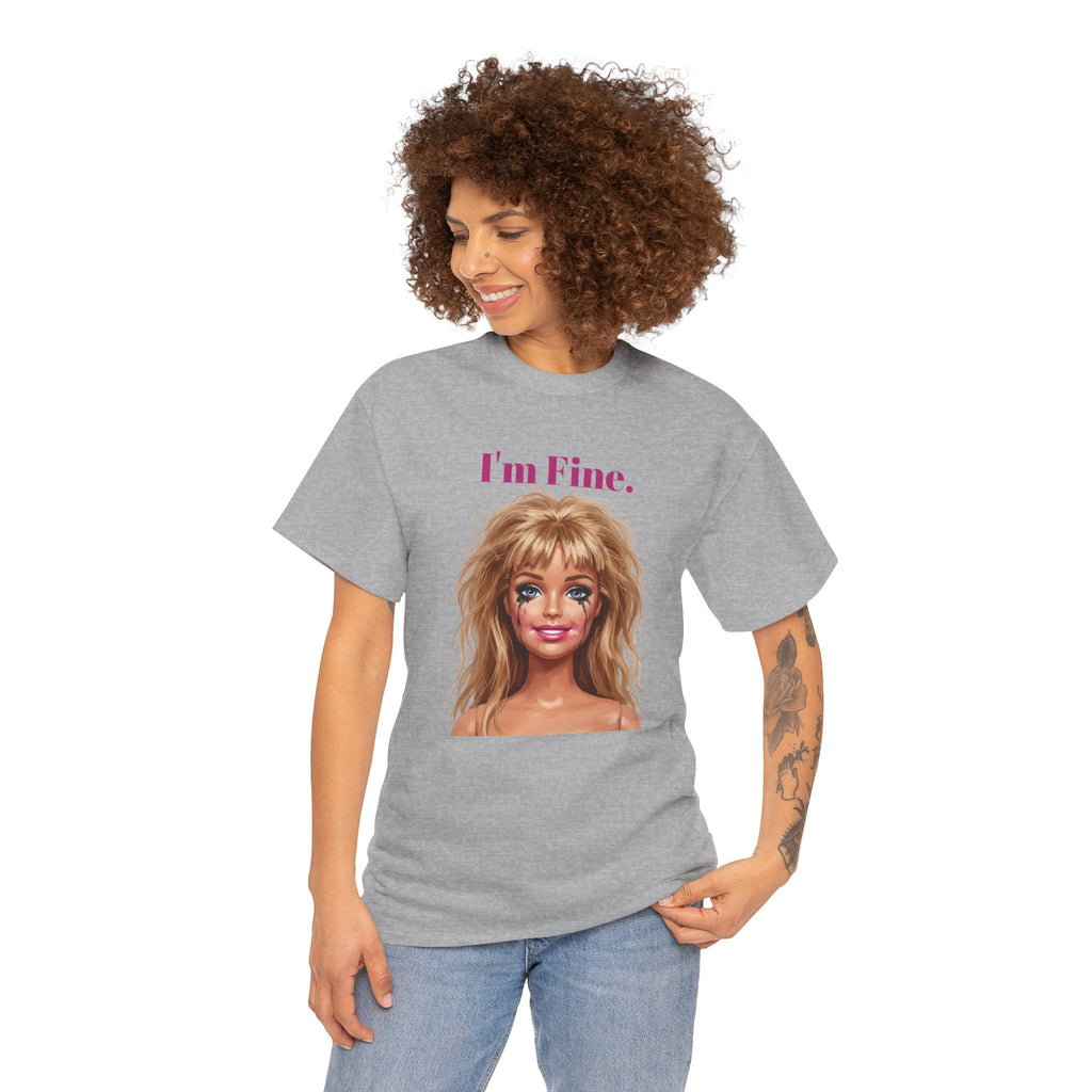 Heather gray crewneck T-shirt with doll face graphic and “I’m Fine.” text, worn by model