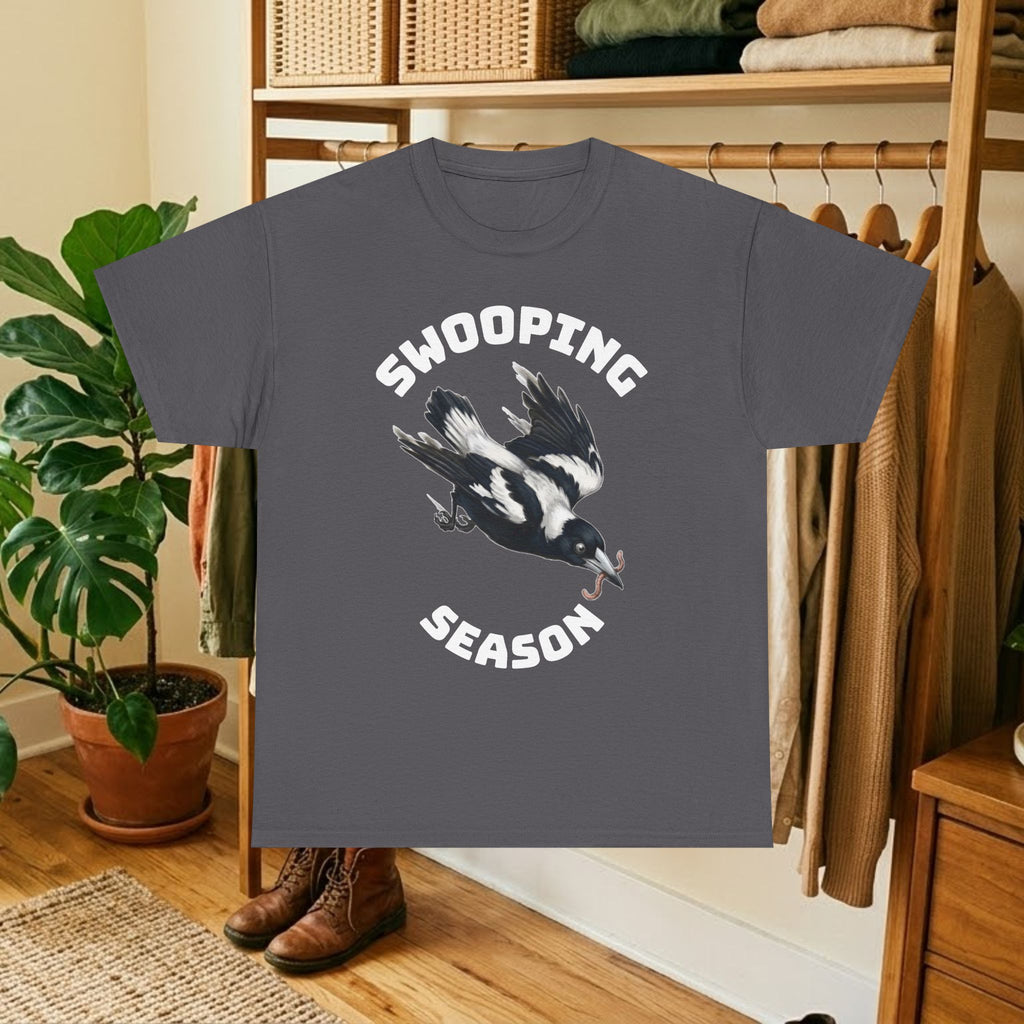 Charcoal t-shirt with black bird graphic and "SWOOPING SEASON" text