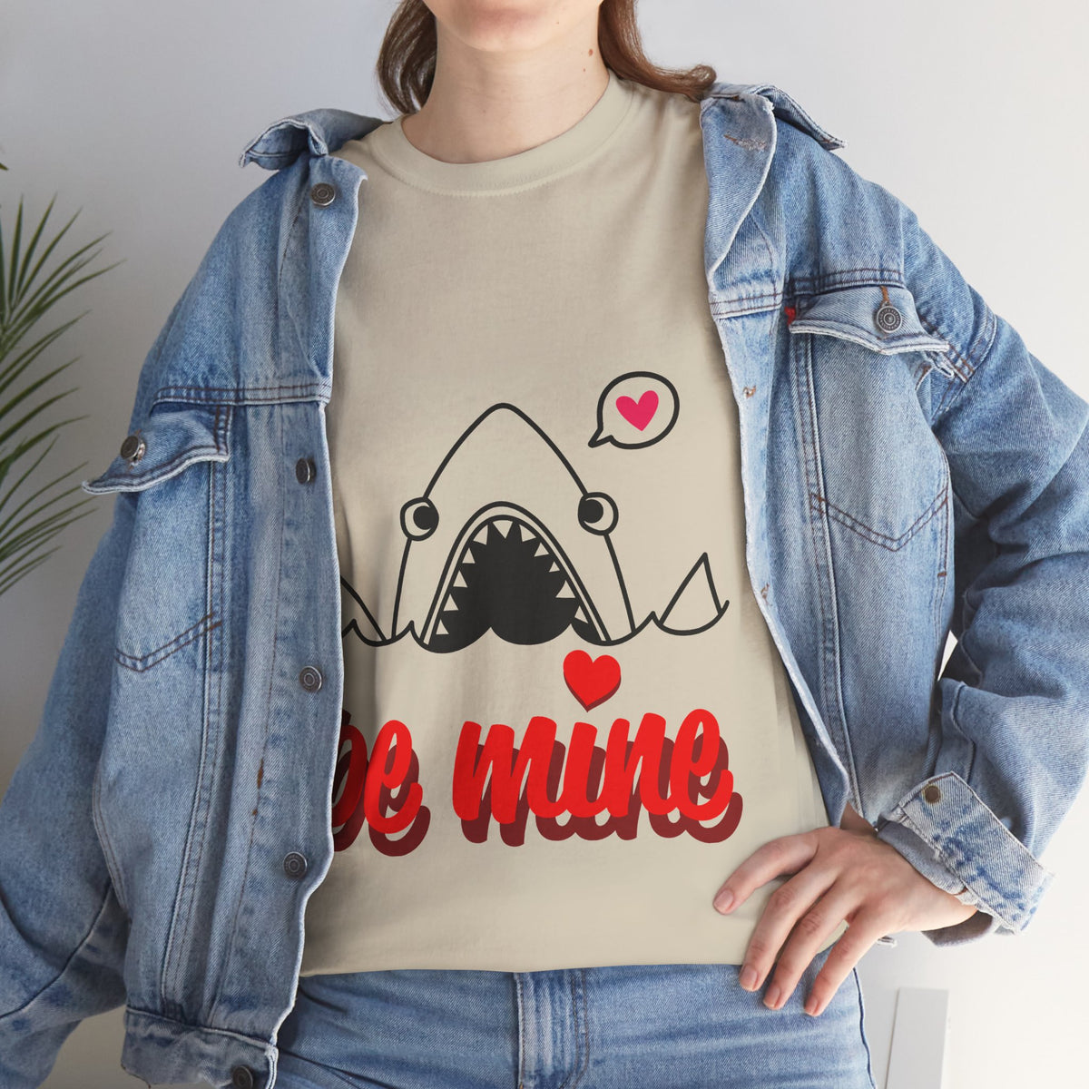 Light beige T-shirt with shark graphic and red 'be mine' lettering