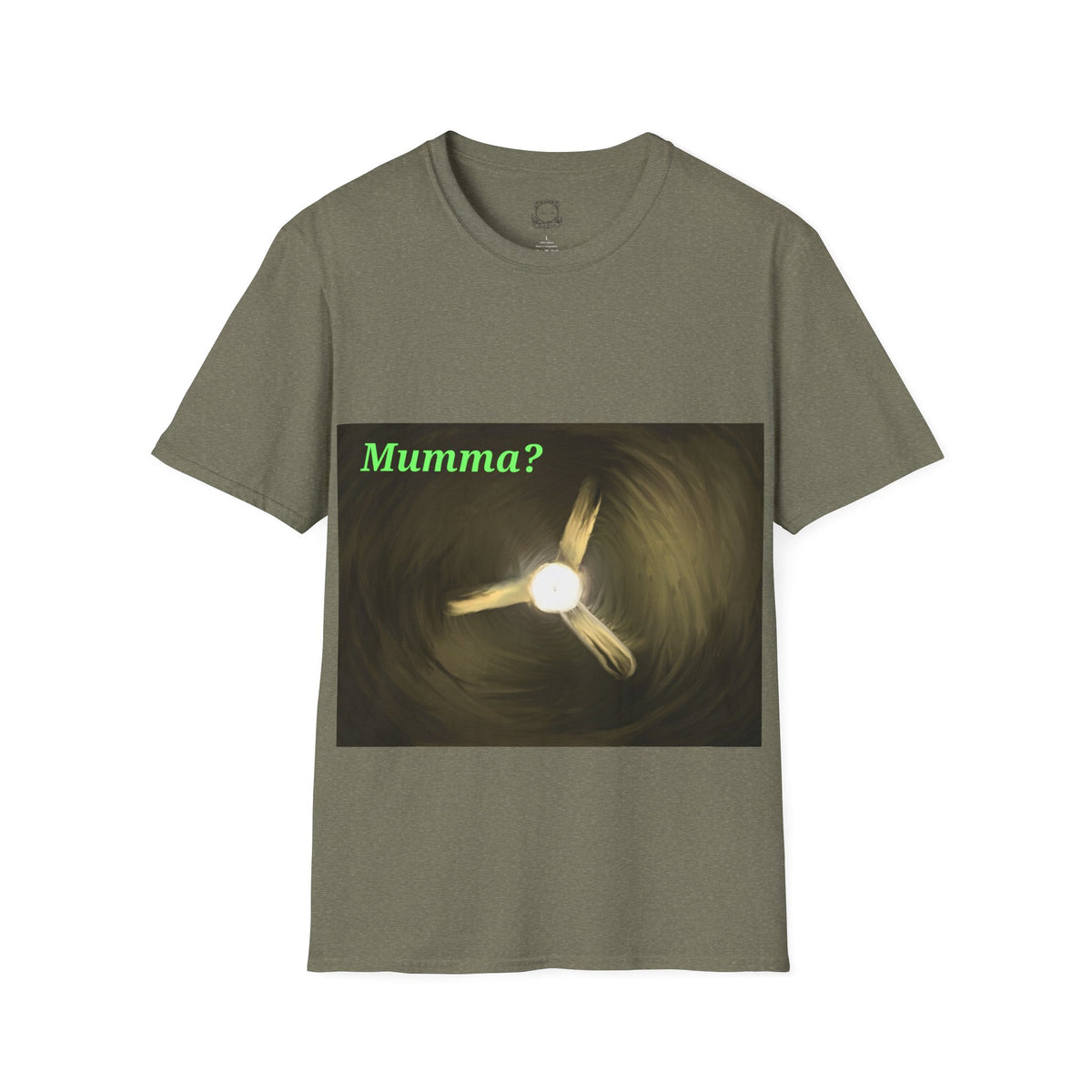 Olive green ceiling fan graphic T-shirt with green "Mumma?" text and glowing fan artwork