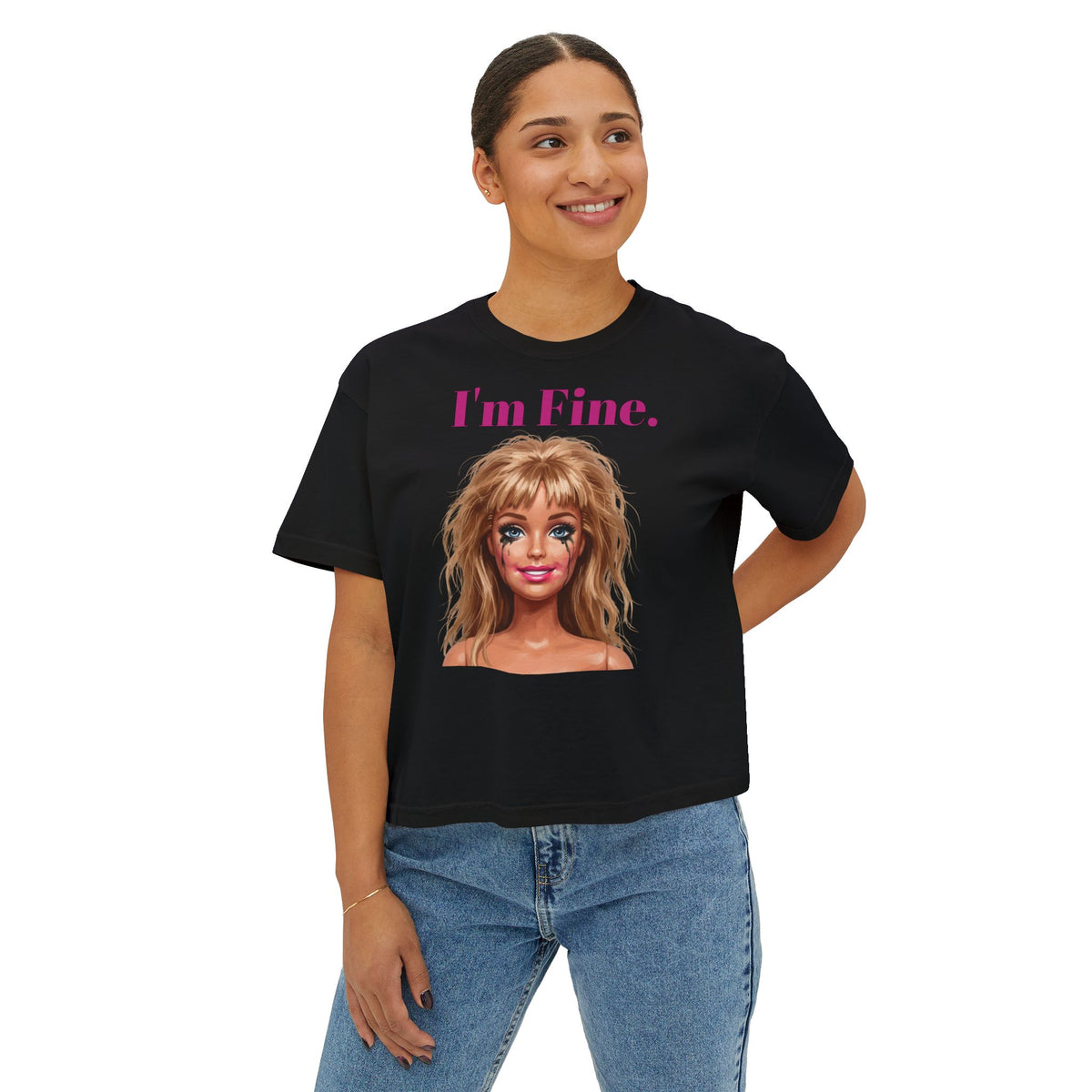 Boxy black pigment-dyed graphic T-shirt with “I’m Fine.” text and doll face print