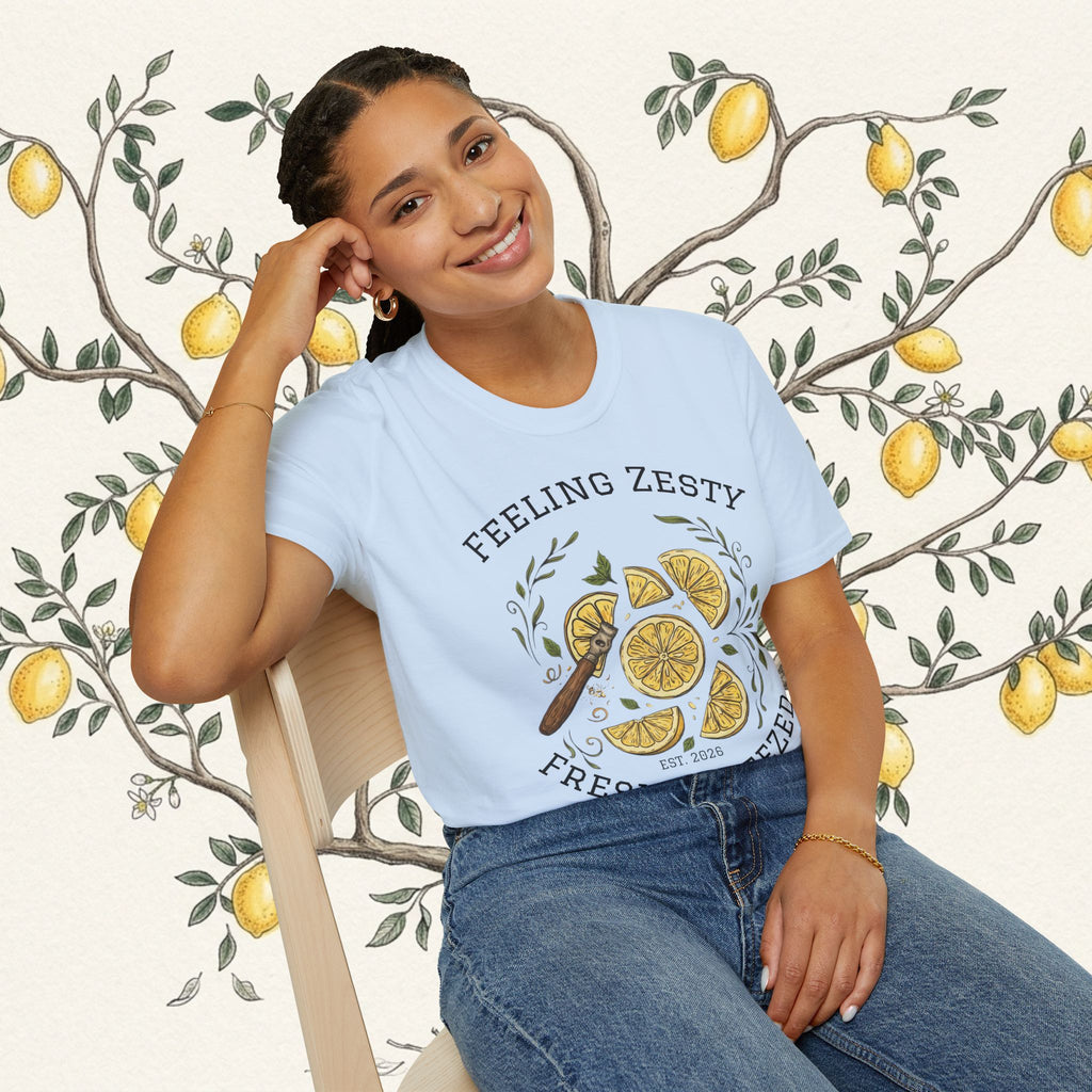 Light blue crewneck graphic tee on model, front view of citrus print and "FRESH SQUEEZED"