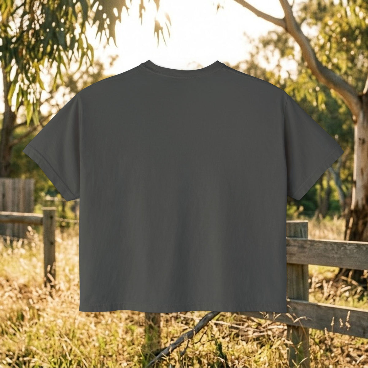 Dark gray boxy T-shirt back view, short sleeves and crew neckline, plain fabric.