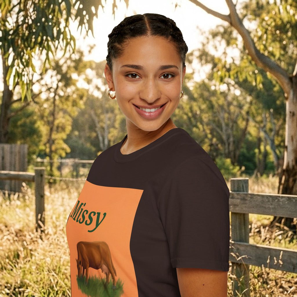 Dark brown cow graphic T-shirt, orange square print shown in side angle