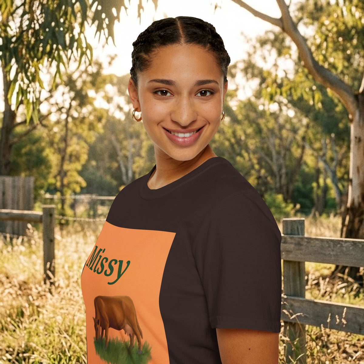 Dark brown cow graphic T-shirt, orange square print shown in side angle