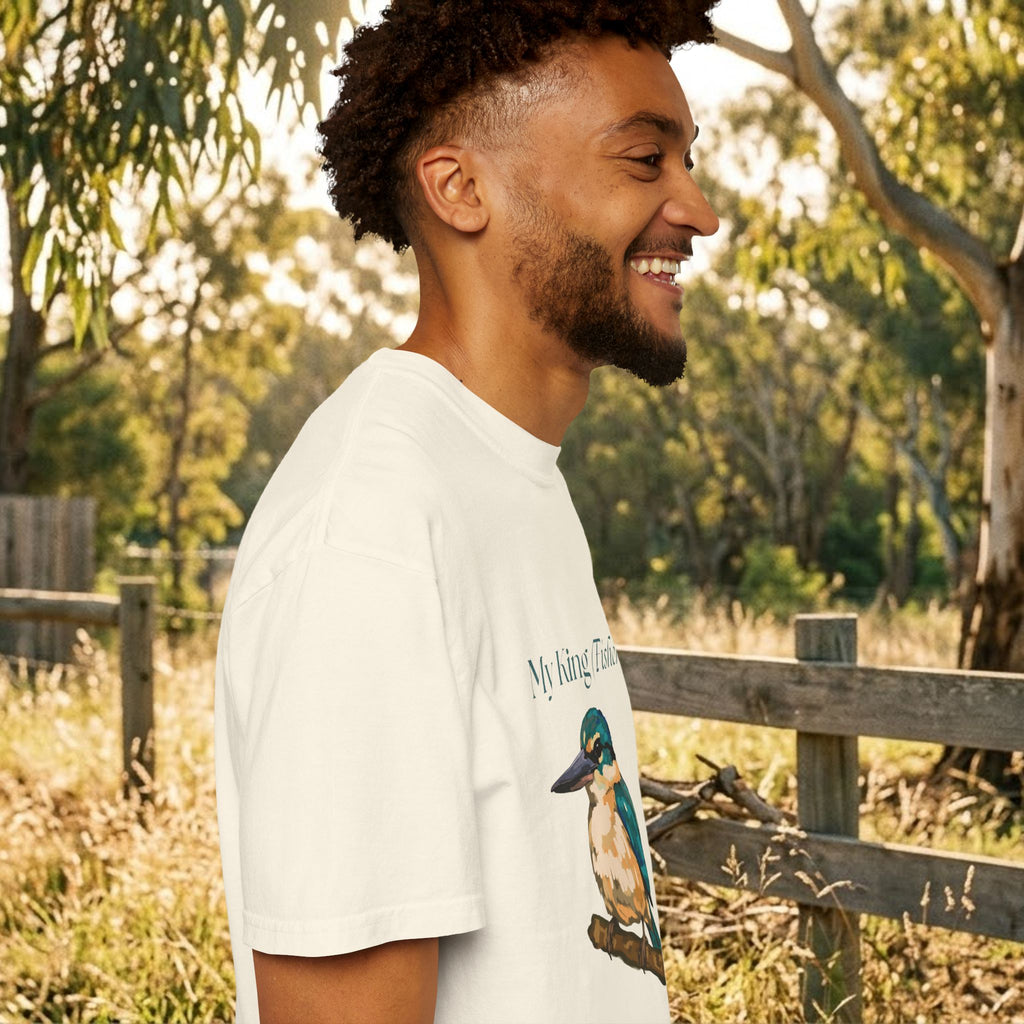 White kingfisher graphic T-shirt, side view showing chest bird on branch print