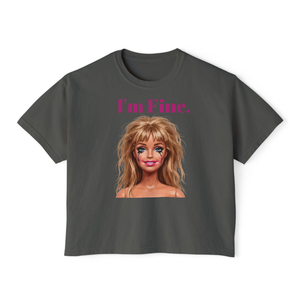 Boxy dark gray graphic tee with “I’m Fine.” text and doll face portrait print