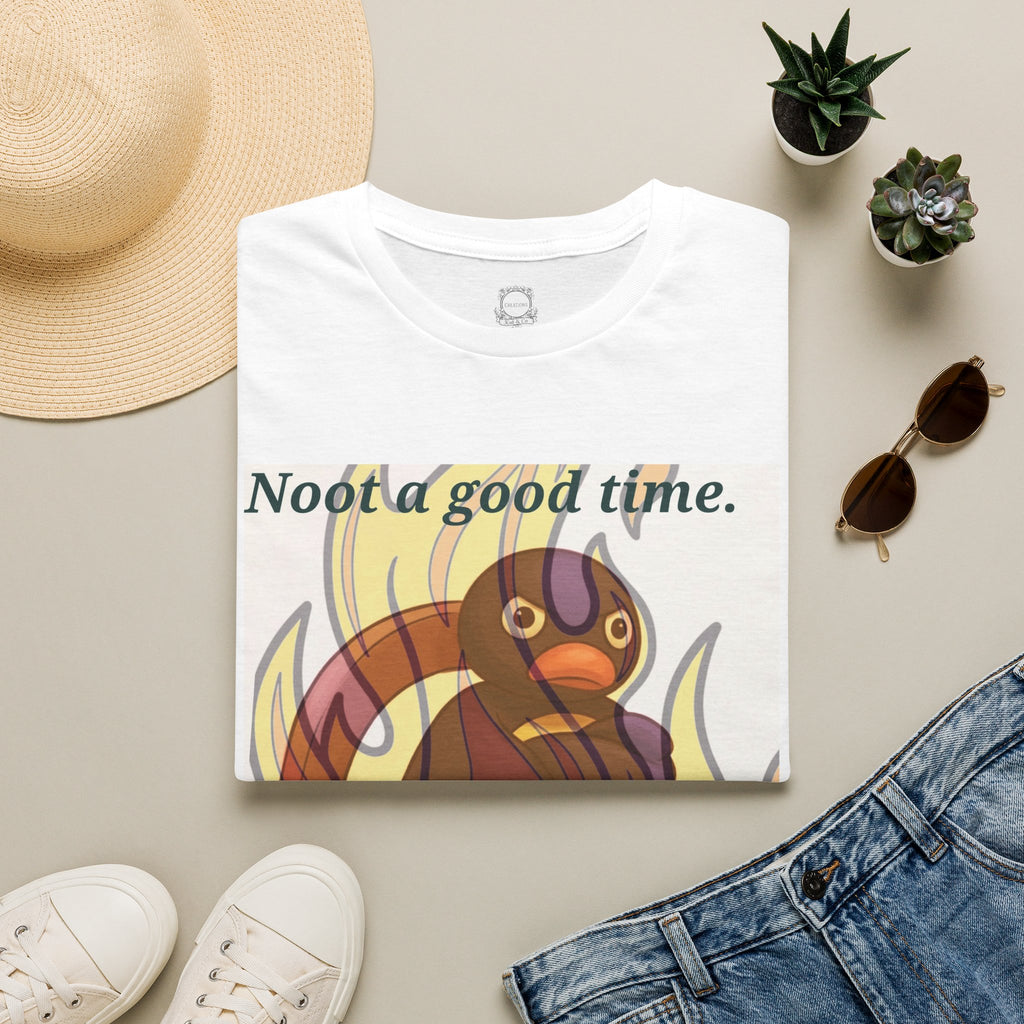 White crew-neck T-shirt with cartoon cat and flames graphic, front print