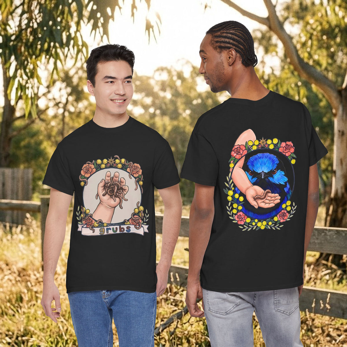 Black short-sleeve t-shirt with moon cat tarot hands graphic on front and back