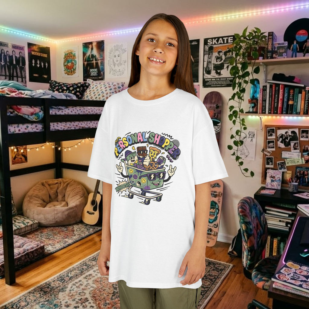 Kids white crewneck graphic tee worn by a girl; colorful “Personal Shopper” design