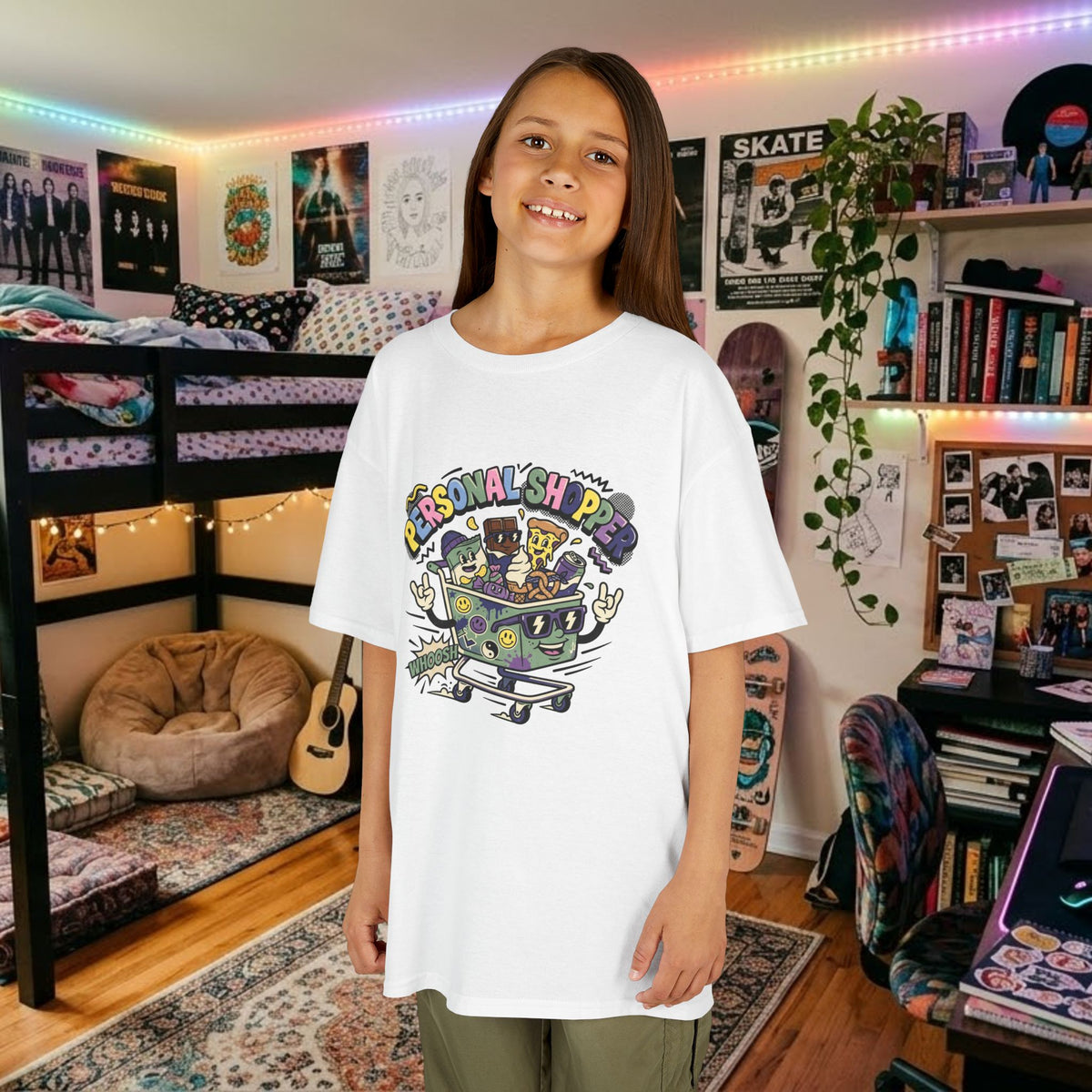 Kids white crewneck graphic tee worn by a girl; colorful “Personal Shopper” design