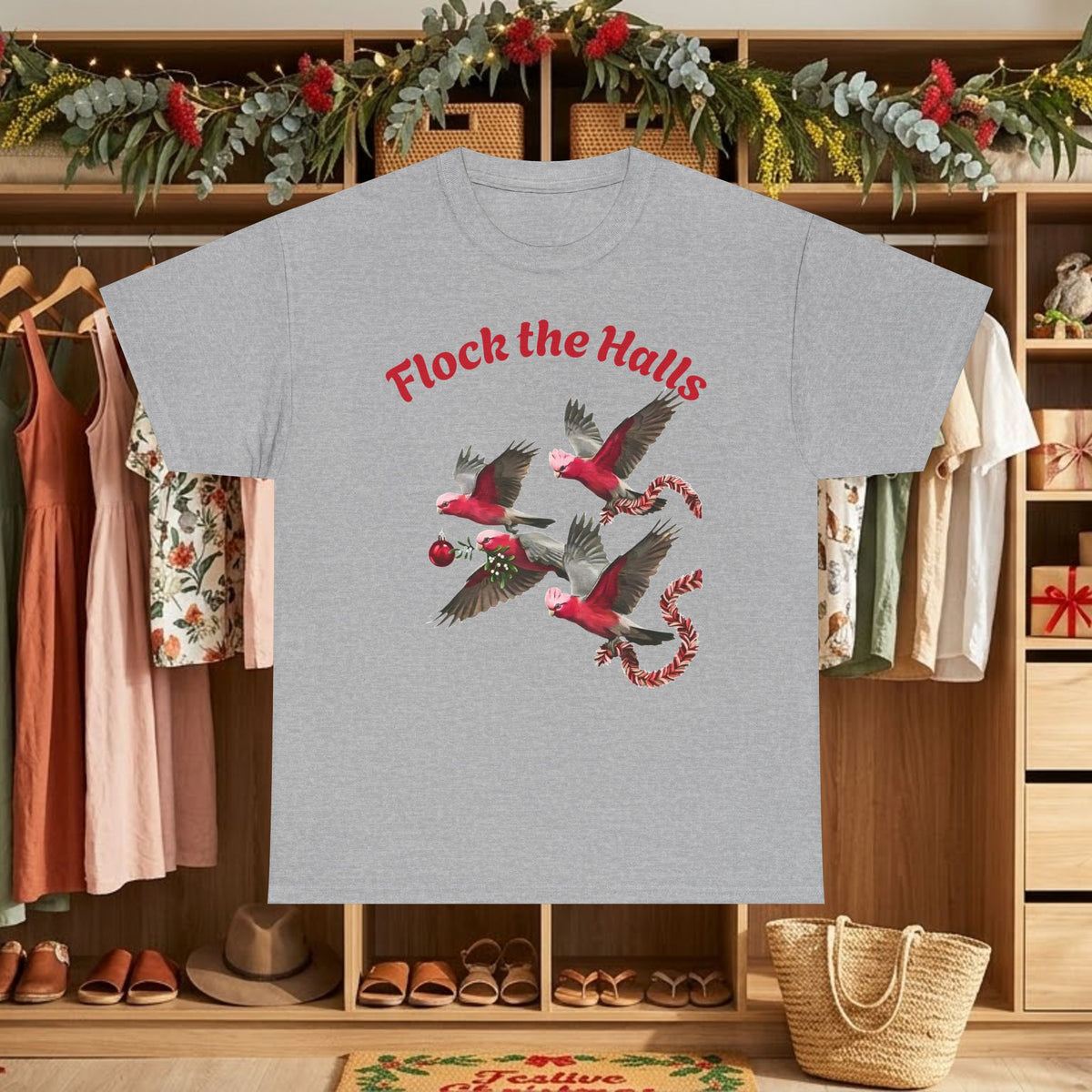 Charcoal grey Christmas cardinals graphic t-shirt with “Flock the Halls” text and birds