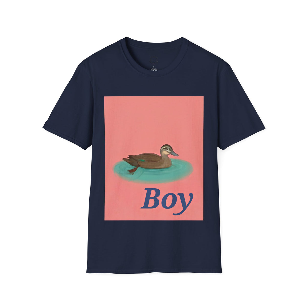 Navy crew-neck t-shirt with square duck-on-water graphic and 'Boy' text.