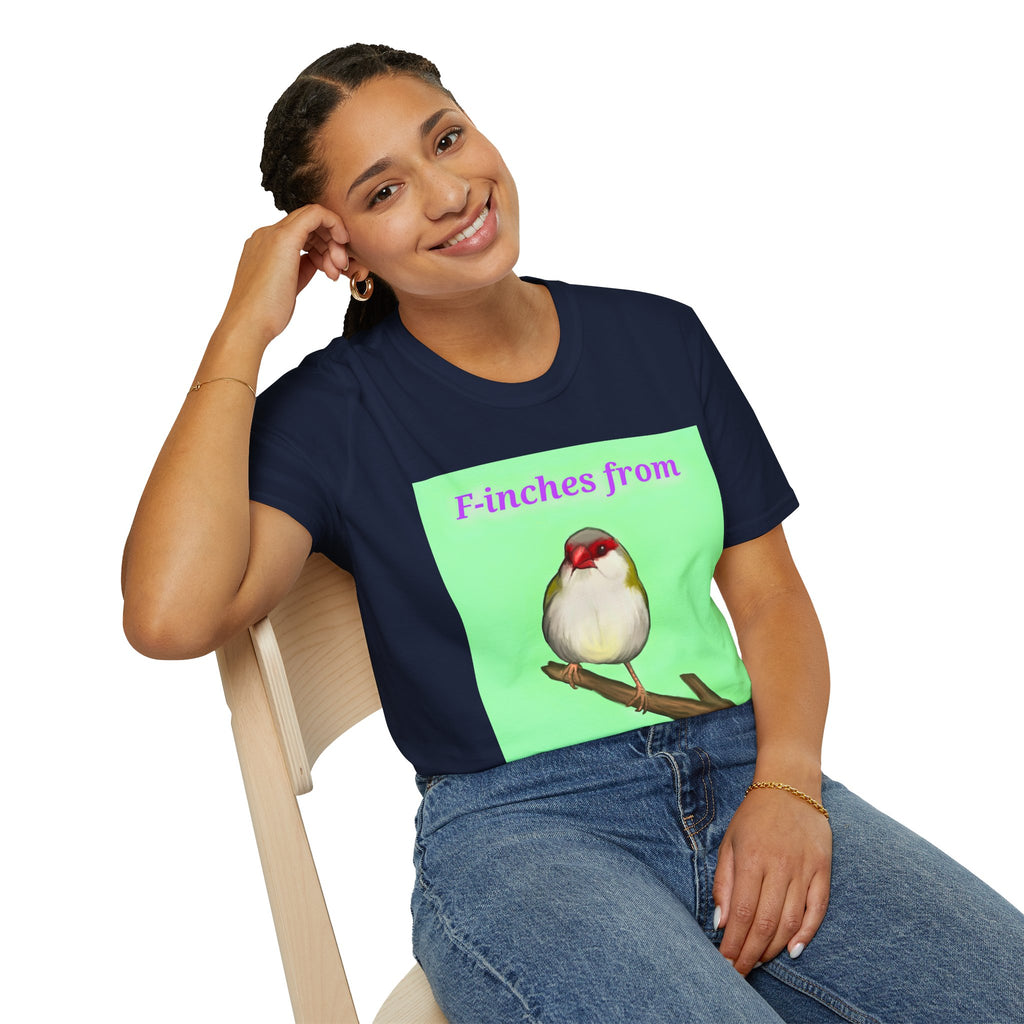 Navy t-shirt with green panel bird illustration graphic worn by a woman