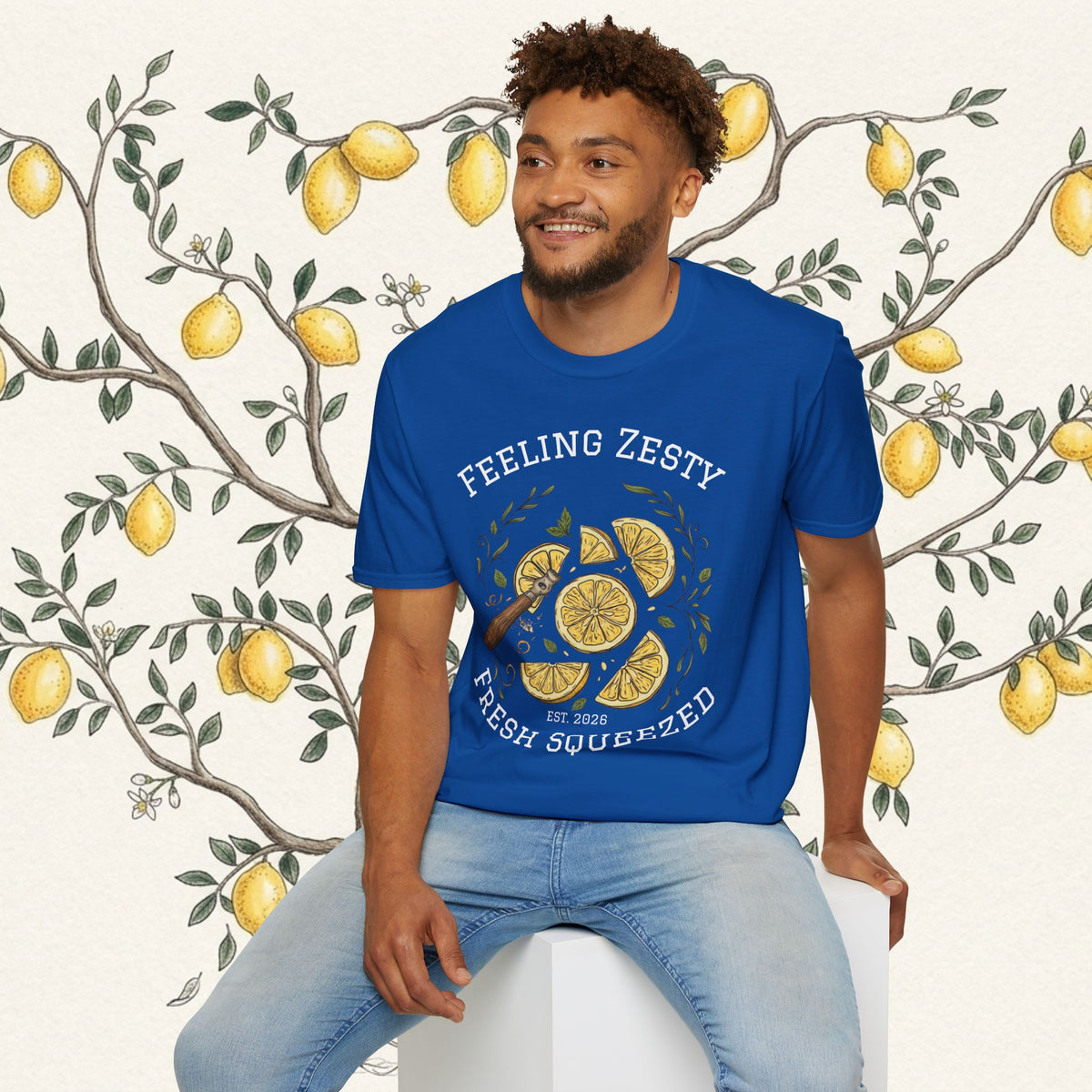 Blue crewneck graphic t-shirt with “FEELING ZESTY” lemon slice print